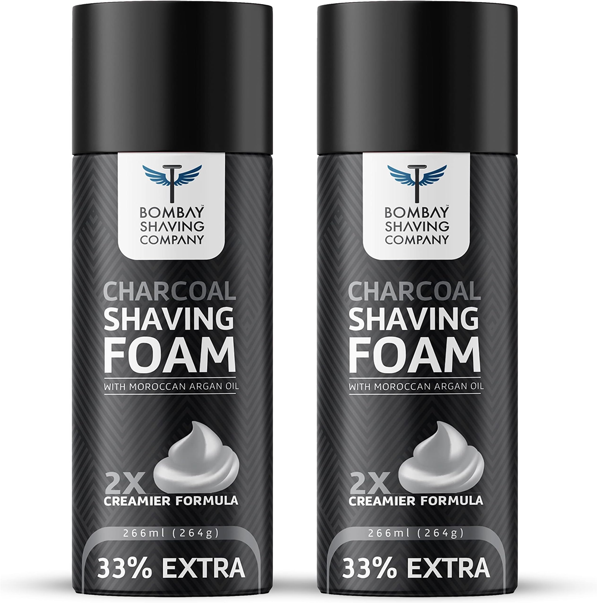Bombay Shaving Company Activated Charcoal Shaving Foam with Moroccan Argan Oil, 2X Creamier for Superior Glide and Protection, 2 x 266 ml (33% Extra, Value Pack of 2)