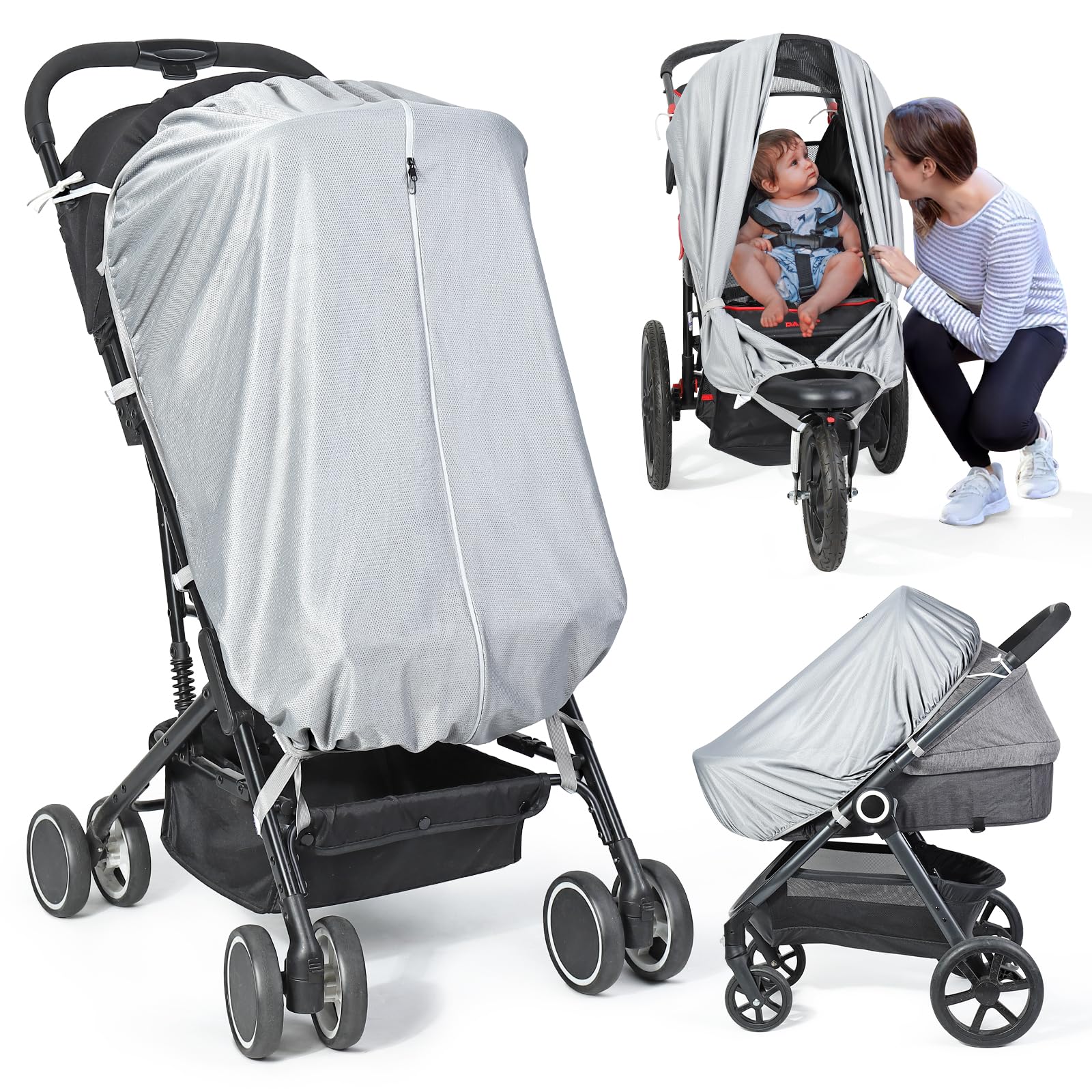 Orzbow Pram Sun Shade, Universal Sun Shade for Pram Breathable Stroller Sun Shade with Two-Way Zip, Strong Sun Shading