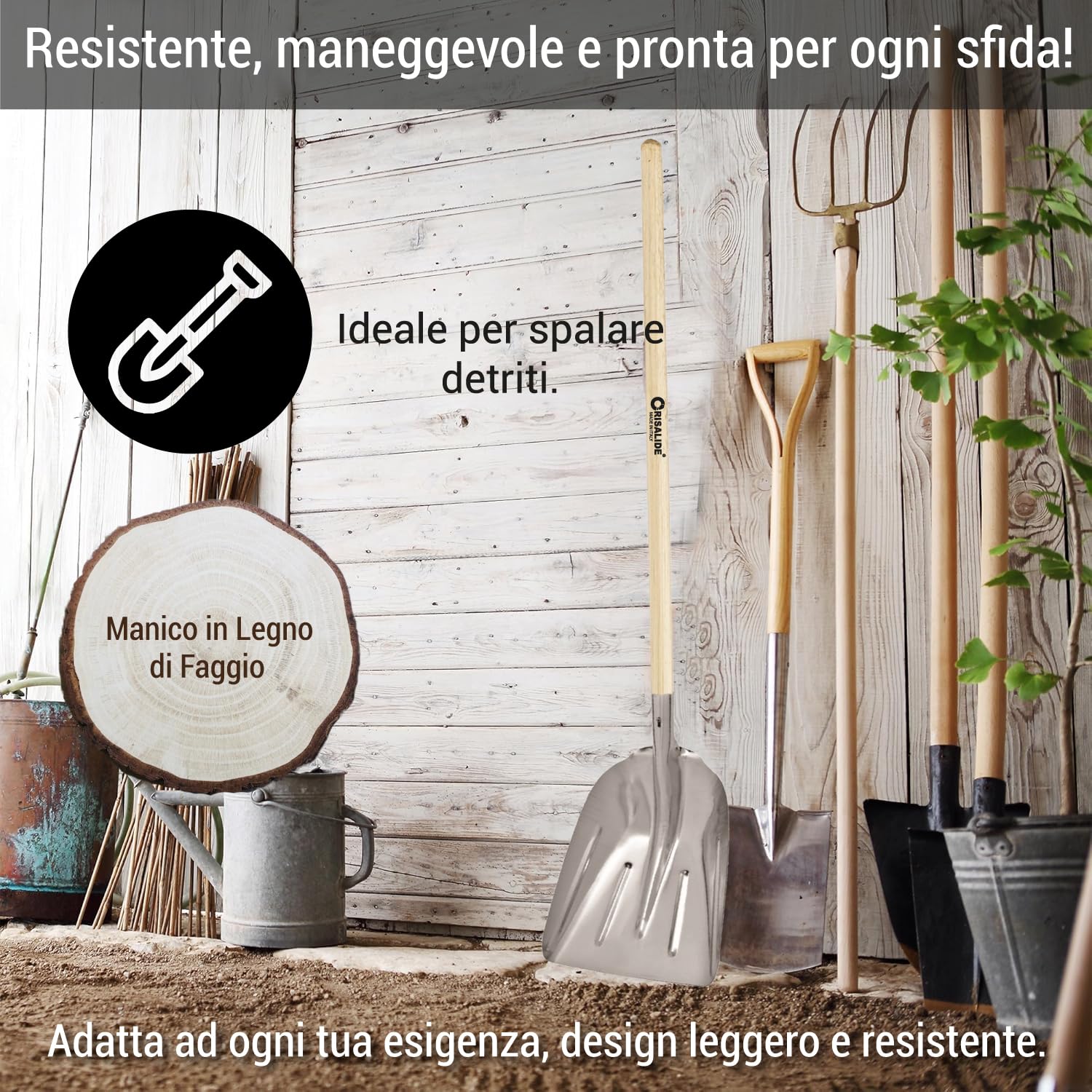 Crisalide® - Badile Super Resistente 36x49 cm con Manico in Legno - Versatile per Uso Agricolo, Giardinaggio e Lavori Pesanti, Multiuso, Pala da Neve (Alluminio)