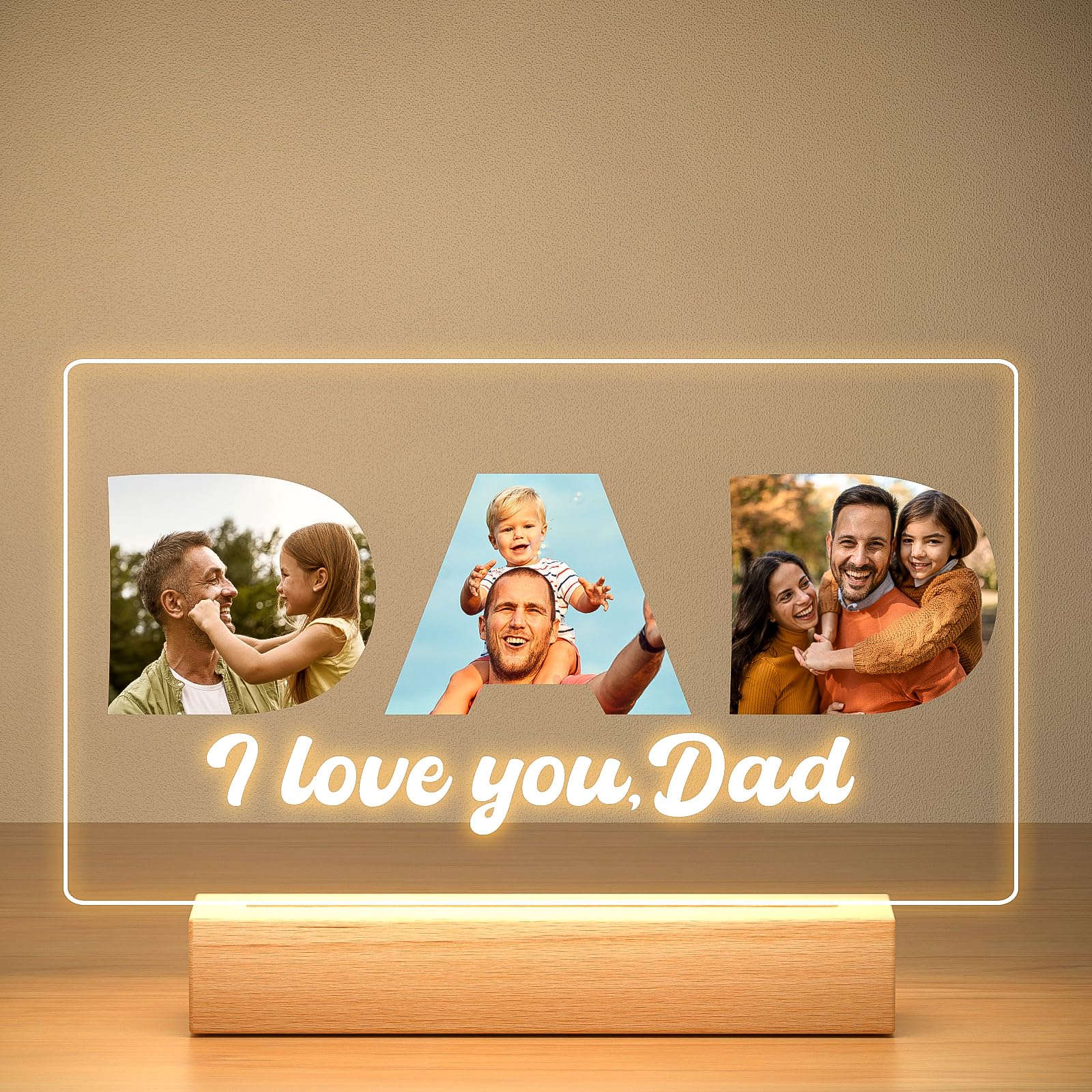 Personalized Gifts for Dad from Daughter & Son, Custom DAD Picture Frame with Photos, Personalized Photo Frame with Night Light, Personalized Birthday Gifts for Dad, Baby, Kid, Family