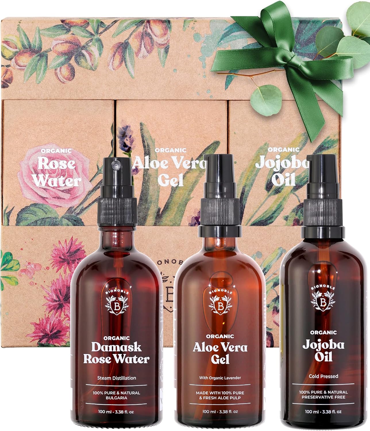 Bionoble Skincare Set 3x100ml - Organic Rose Water, Aloe Vera Gel & Jojoba Oil - Face, Body and Hair Care - Birthday Gifts for Women