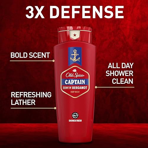 Miniatura 2 de Old Spice Gel de baño refrescante para hombres, 3X Defense, ducha fresca 247 con aroma de larga duración, colección roja, capitán con aroma a