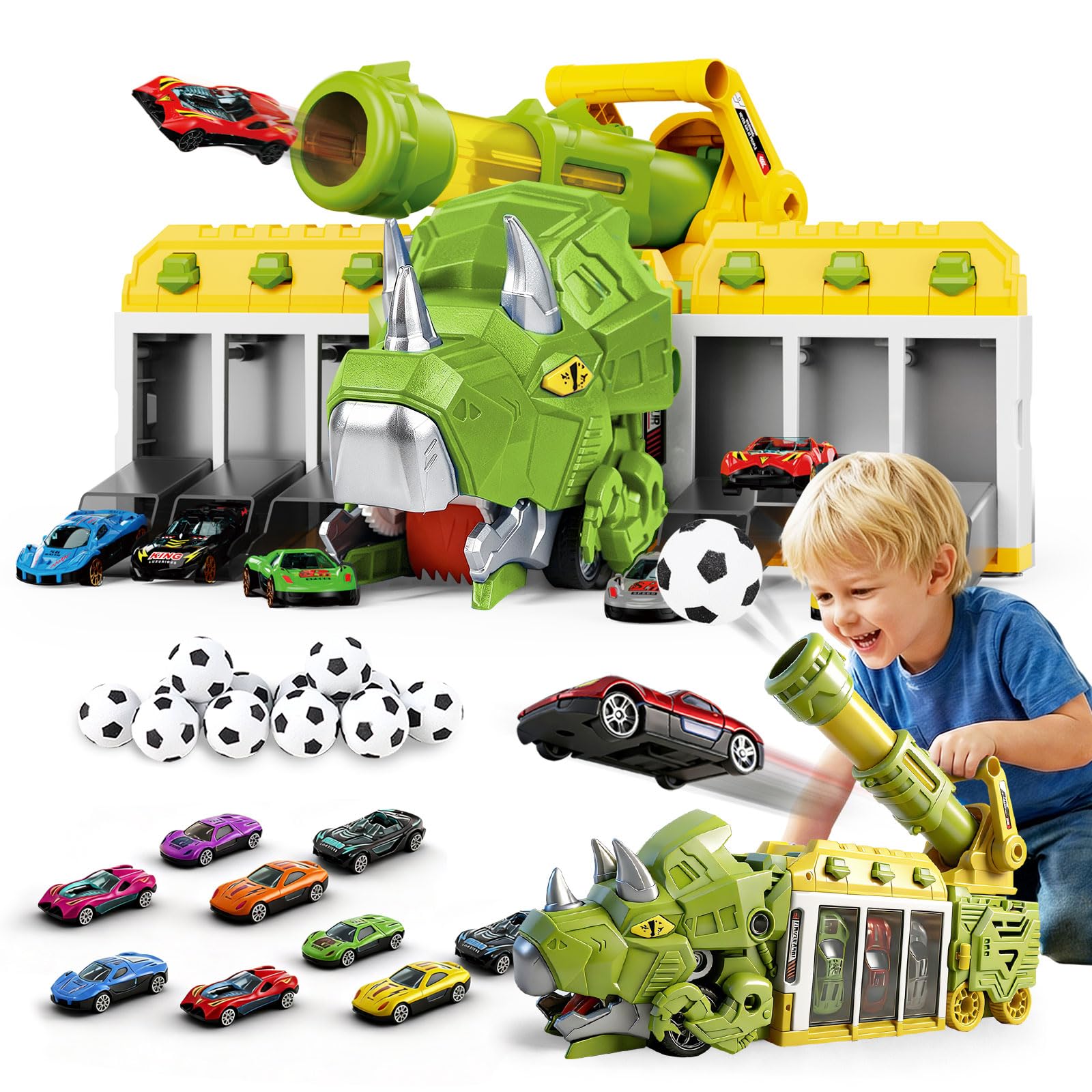LUCKFUTURE Dinosaur Truck Toy, Green Triceratops Launcher Vehicle - Dino Car Toy that Shoots, Fun Play Set with Cargo Carrier for Toddlers Kids Ages 3 4 5 6 7