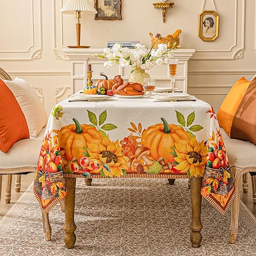 Miniatura 2 de Softalker Mantel rectangular de jacquard de Acción de Gracias, calabazas de cosecha de otoño, hojas de girasol, tela de damasco, lavable, de