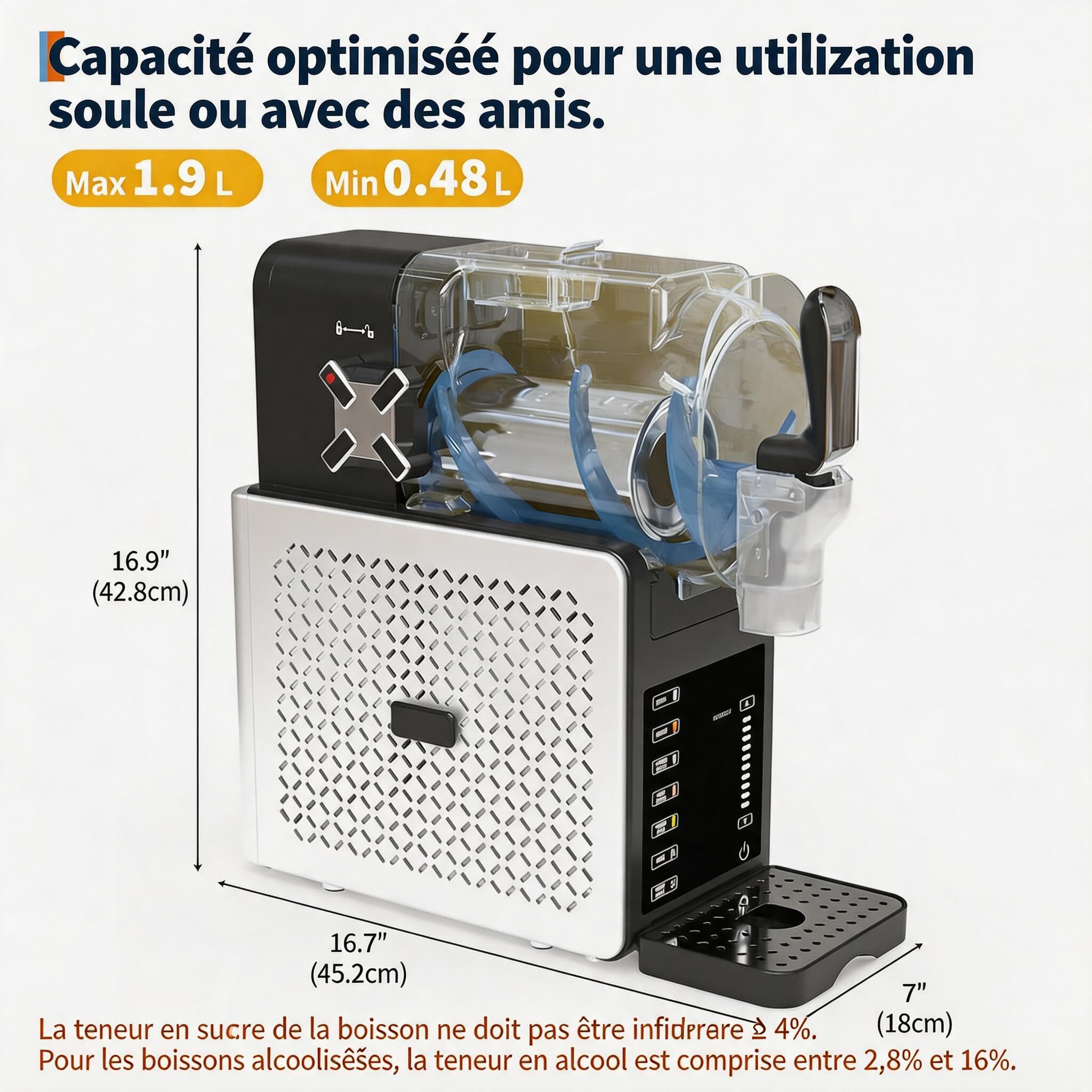 Machine à Granité 1,9L Sans Glace - 6 Programmes Automatiques, Autonettoyage, Écran LED, <45dB - Slush Maker pour Cocktails, Frappés, Milkshakes, Jus Glacés