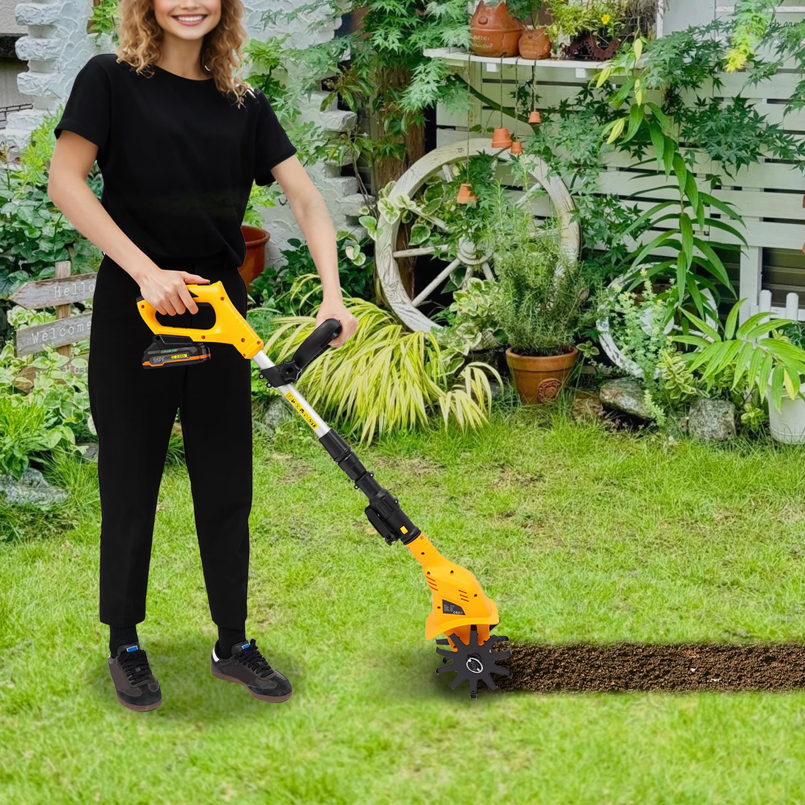 Motoazada eléctrica inalámbrica con batería, 85 dB, ruido de 85 dB, fresadora de suelo con 25 cm, para arriates, macizos de flores y huertos