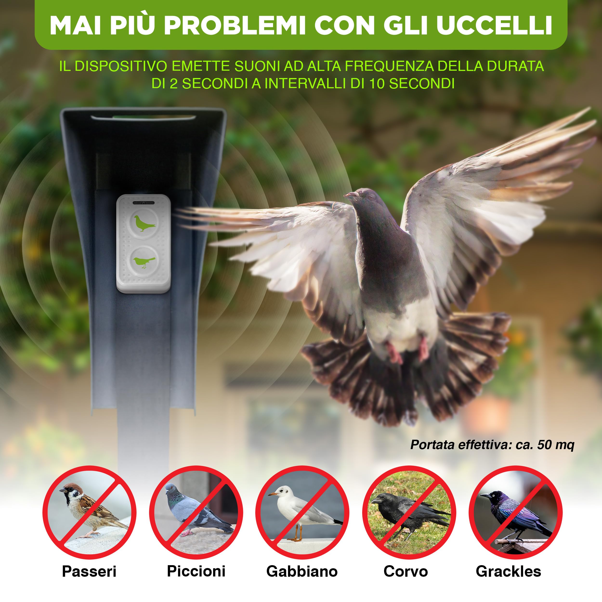 ISOTRONIC dissuasore uccelli ultrasuoni piccioni passeri gabbiani corvi batteria balconi tetti giardini raggio 50m² 2 unità efficace esterno protezione difesa stop volatili ecologico mobile casa