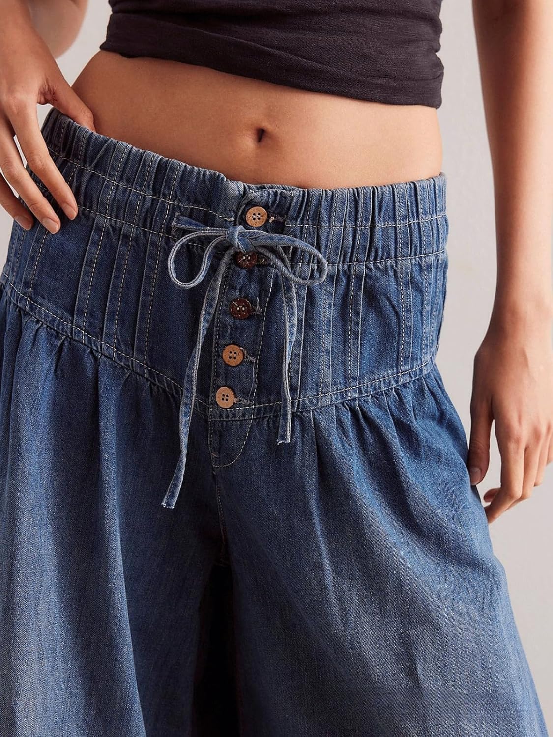 CHARTOU Women's Baggy Wide Leg Denim Pants Drawstring Midi Waisted Flare Jeans Ruffle Pleated Button Jeans - Image 4