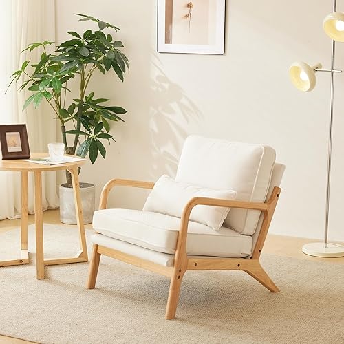 Miniatura 9 de VINGLI Acogedoras sillas de sala de estar, juego de 2 sillas decorativas de lino grueso beige, sillas de madera para dormitorio, cómodas sillas de