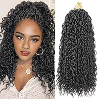 Vista 21 de Locs de diosa de imitación de pelo de ganchillo boho, locs de río boho, hippie ondulado de ganchillo con cabello rizado en el medio y puntas