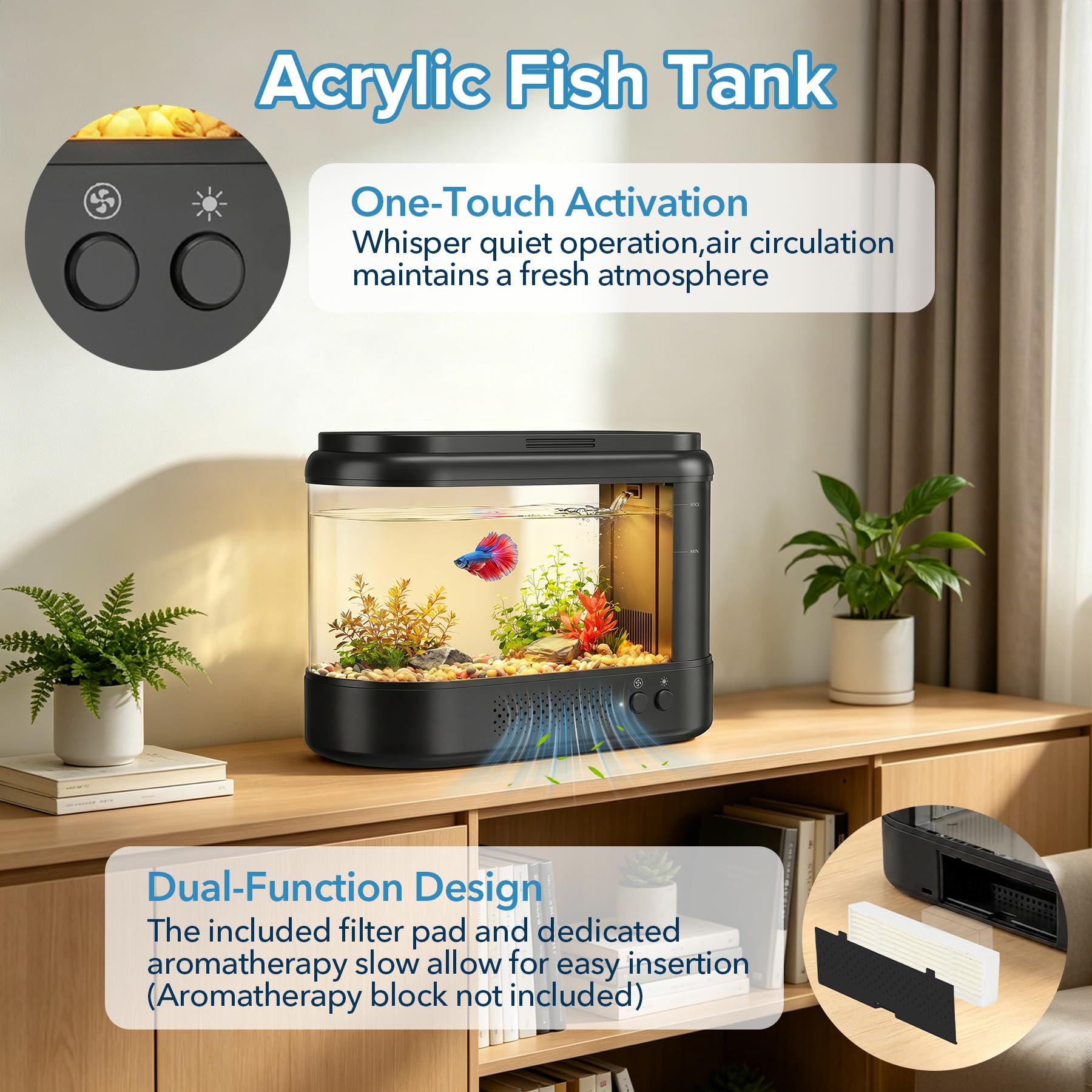 Betta Aquarium-Set, Acryl, klein, 2,5 l, Schwarz | Mit Wasserfilterpumpe und LED-Licht, leises Fischglas für kleine Fische, Pflanzen und Garnelen