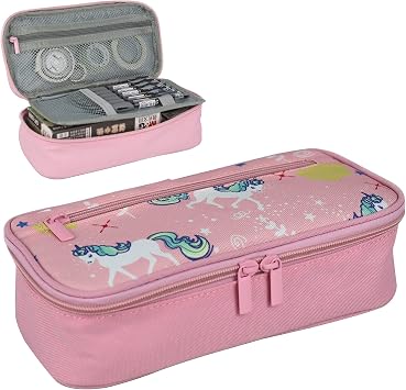 MESA Pink Unicorn Pencil Case for Girls with Mesh, Zippered Pockets and Holders for Drawing, Writing, Colored and Mechanical Pencils, Cute Organizer Pouch