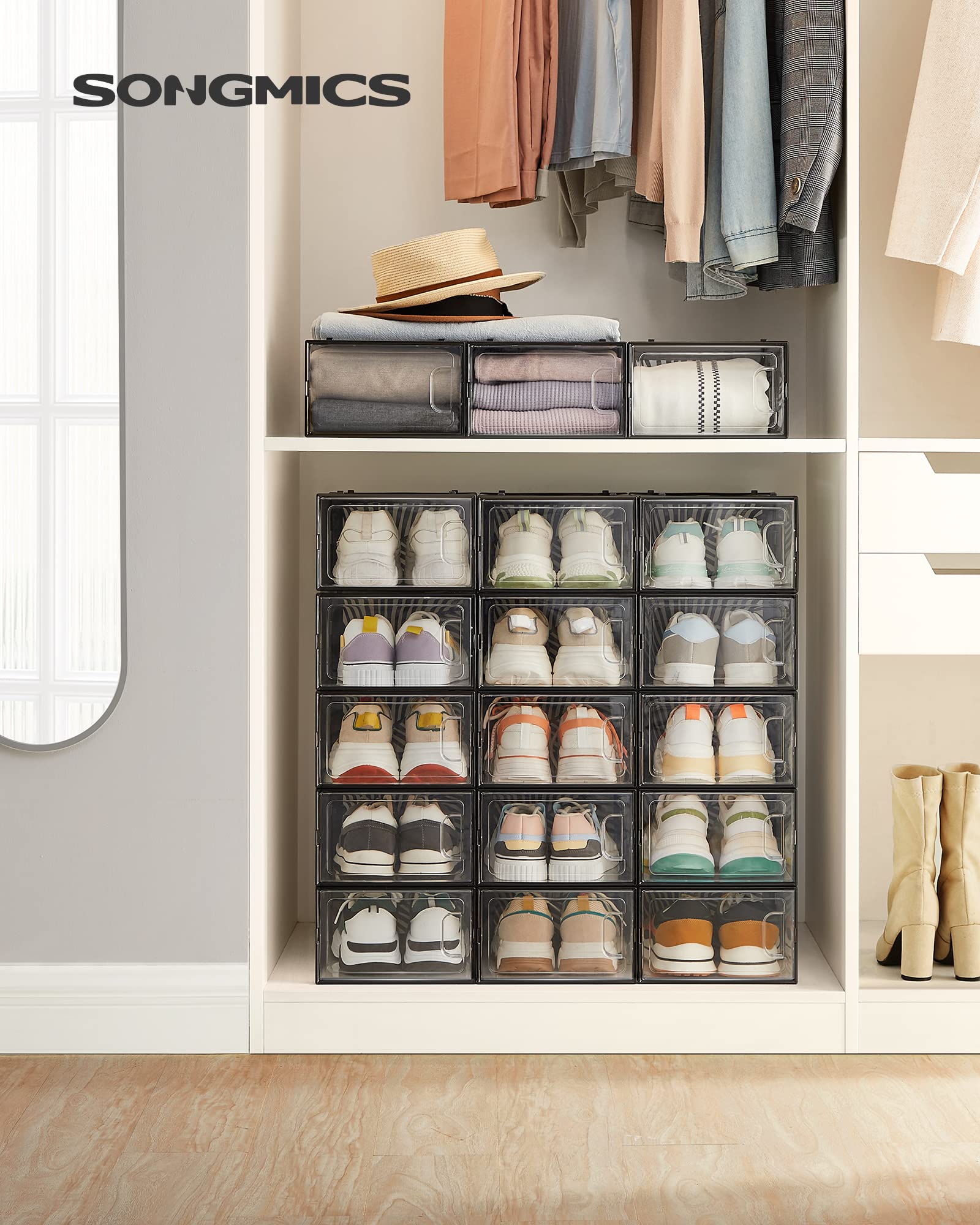 SONGMICS Cajas para Zapatos Transparentes, 18 Cajas de Zapatos, Robusta, Organizadores Plegables, Talla 44, Apilables, para Exponer Zapatillas, Tacones Altos, Transparente y Negro LSP106B18