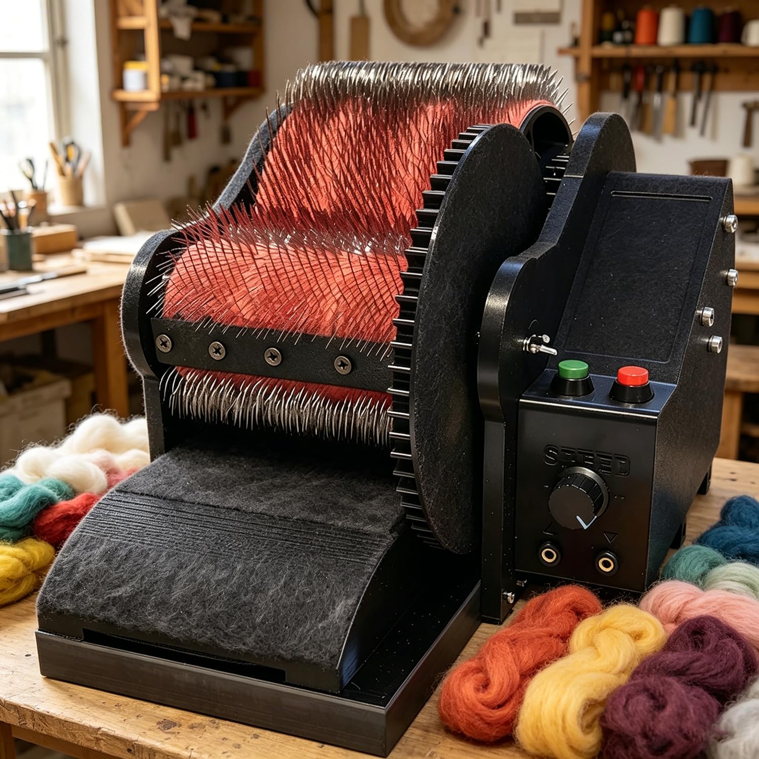 Hocheffiziente Wollfaser-Kardiermaschine, elektrische Trommelkardiermaschine für schnelles Farbmischen und -verblenden, Fußpedalsteuerung zum Kämmen, Spinnen und Filzen