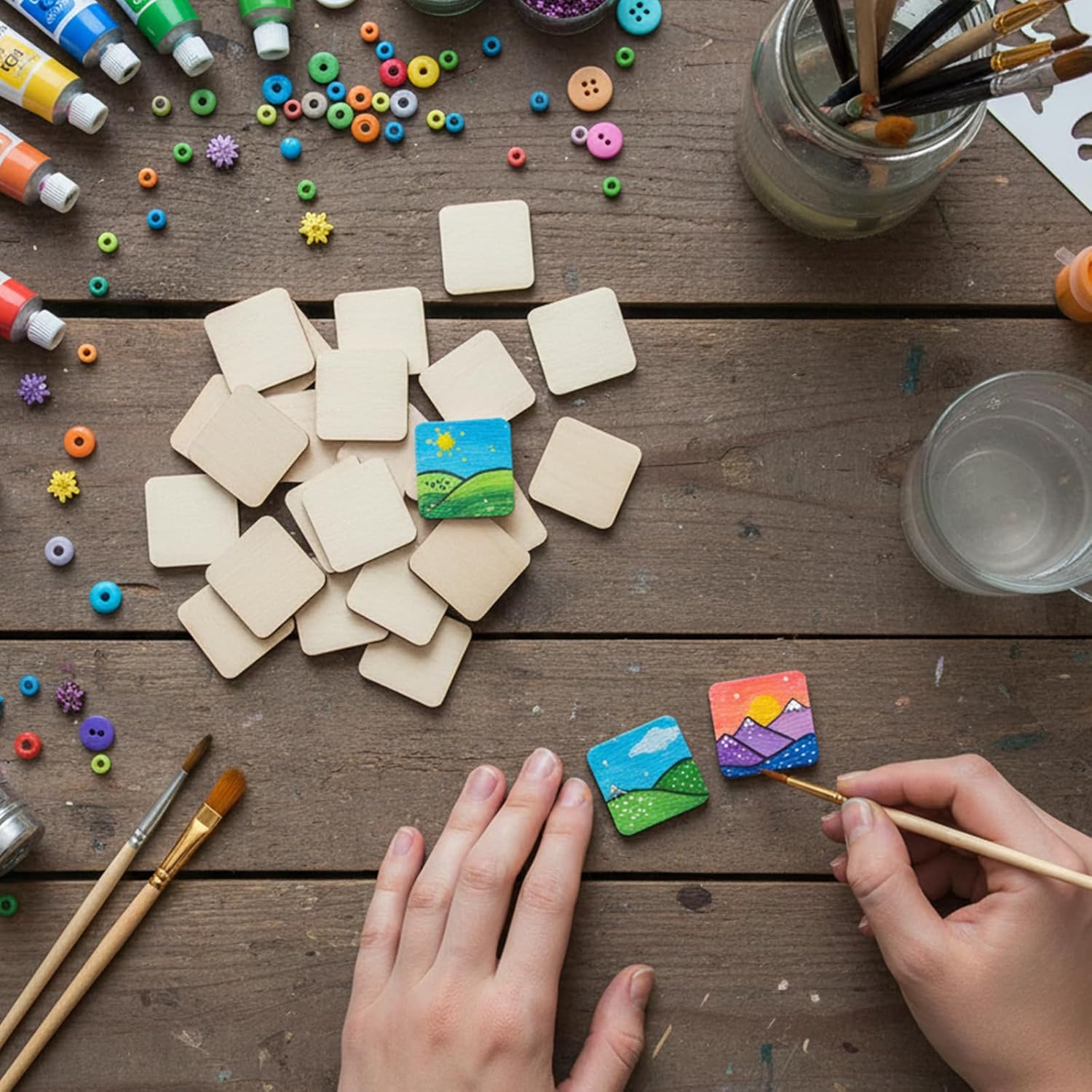 100pcs Unfinished Wood Pieces, 1 Inch Wood Square, Blank Natural Wood Squares Round Corner, Unpainted Wood Pieces for Painting Writing Coasters Carving Letter DIY