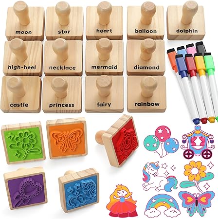 Coogam Wooden Animal Stamps Printing Toy Set, 20pcs Color Shape Stamping for DIY Scrapbook Arts Crafts Supplies Party Favor Toy Gift with Markers Suitable for 3 4 5 Year Old Kids
