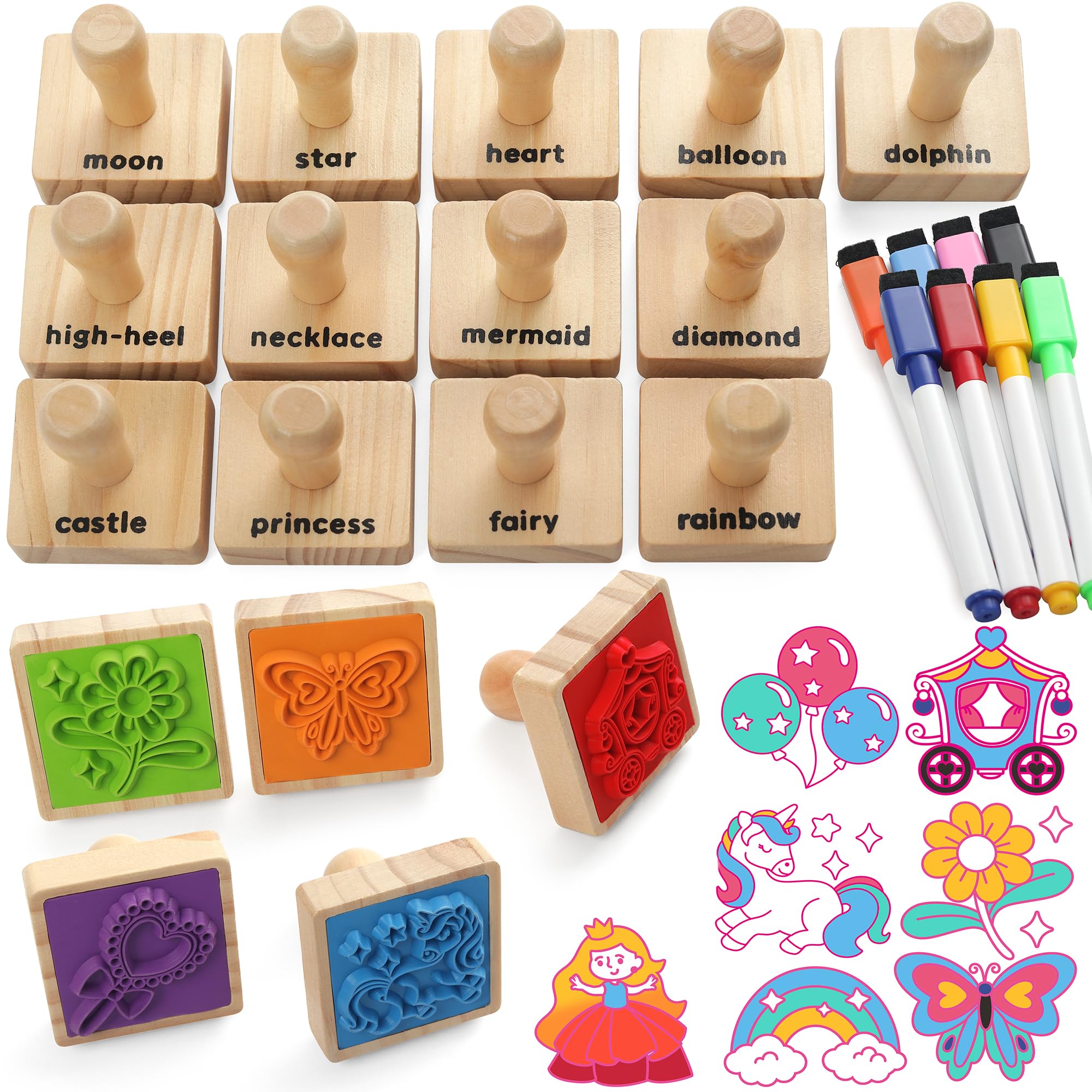 Coogam Wooden Stamp for Girls Friendship, 20pcs Color Shape Unicorn Butterfly Mermaid Stamp Set with Markers, DIY Arts Crafts Printing Stamping Party