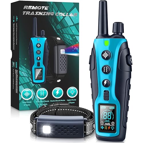 Dog Shock Collar with Flashing Light for Night Walks,Dog Training Collar with Adjustable Pitch Beep,Vibration,Shock and Keypad Lock,Dog Training Collar with Remote 4000FT,Cyan-Blue