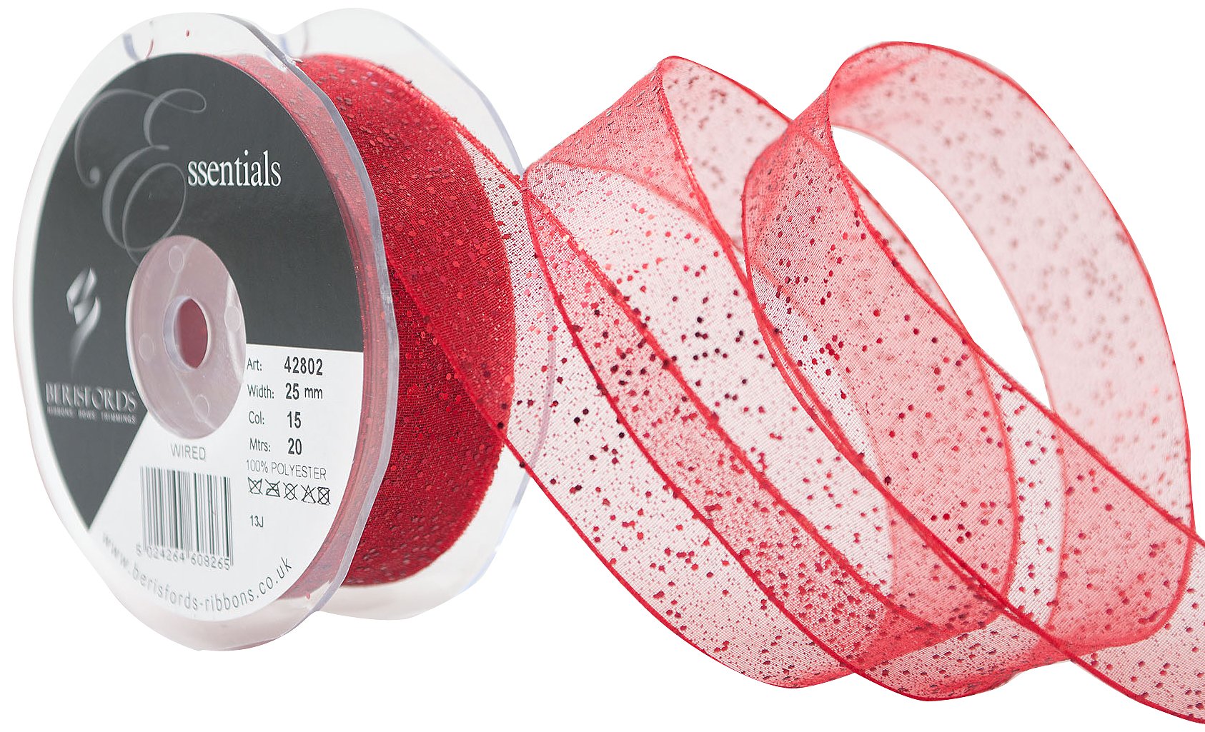 Berisfords 25 mm Random Glitter Wire Edge Ribbon, Red