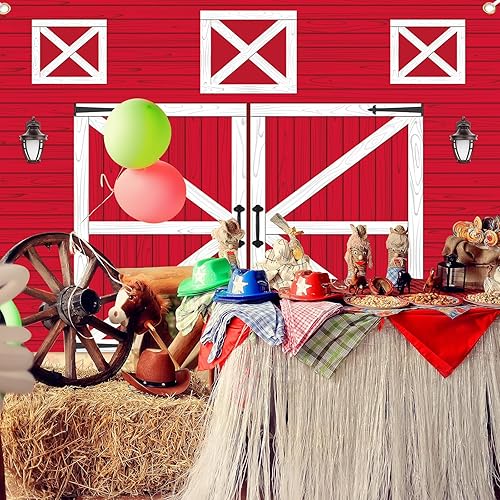 Miniatura 3 de Tranqun Telón de fondo rojo de 7 x 5 pies para puerta de granero de otoño, decoración de fiesta de granja, fondo de fotografía rústica occidental,
