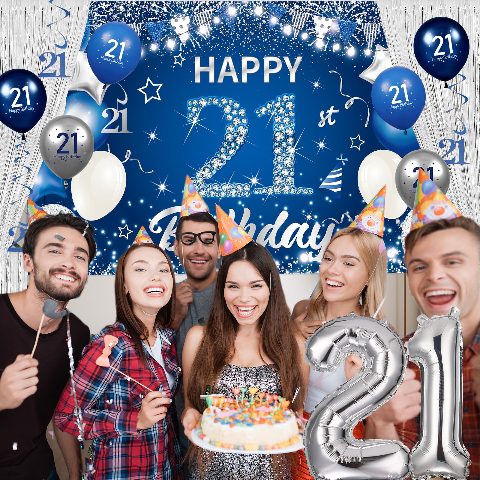21. Geburtstag Dekoration Set Marineblau & Silber – Banner, Hintergrund, Ballons, Nummer 21