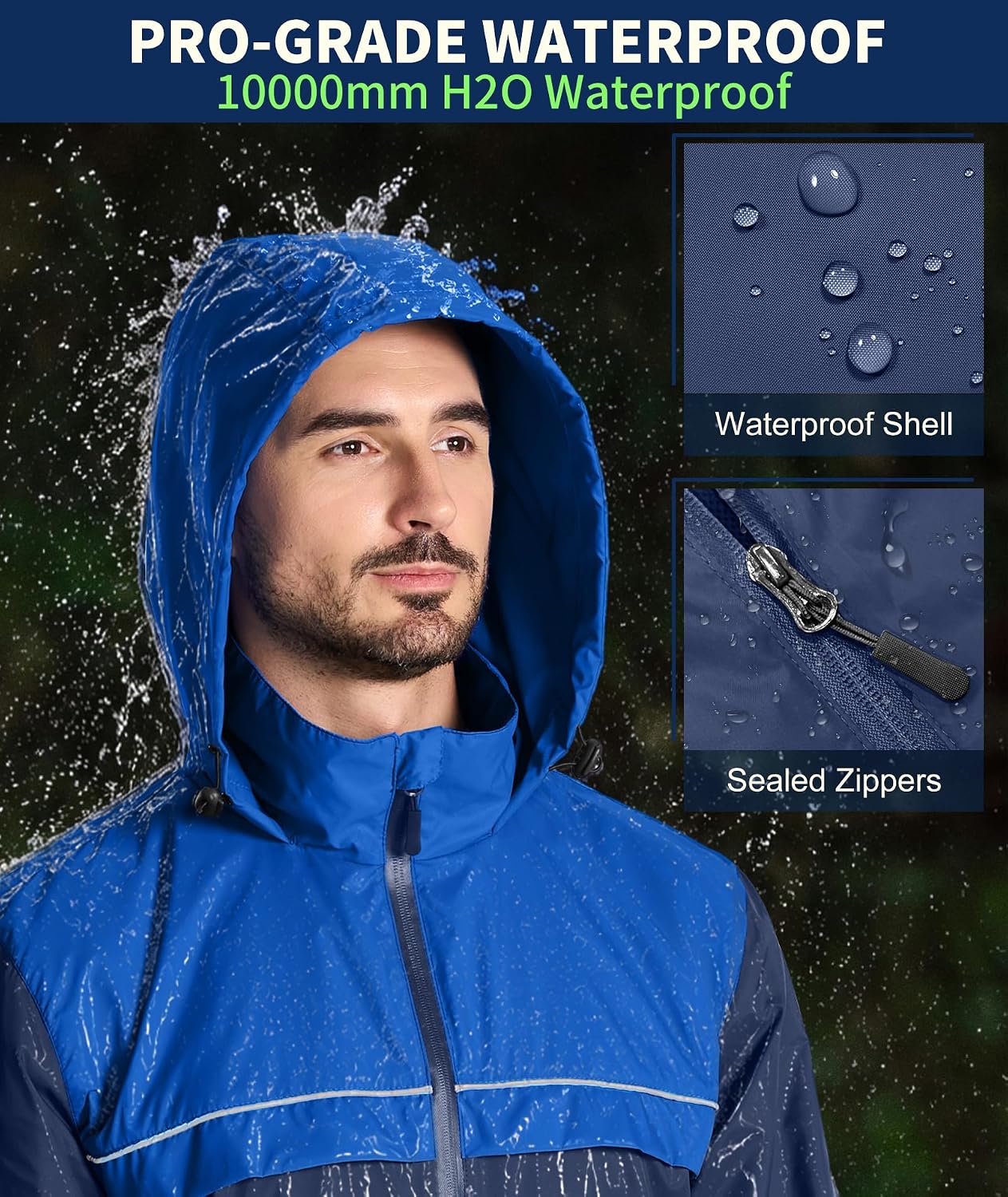 ZITY Mens Rain Jacket Waterproof Raincoat with Stowaway Hood