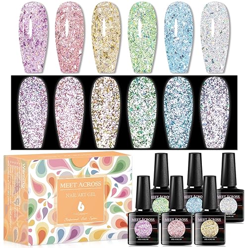 MEET ACROSS Juego de esmaltes de uñas de gel de 6 colores reflectantes con purpurina para uñas, kit de esmalte de uñas de gel azul, rosa intenso,