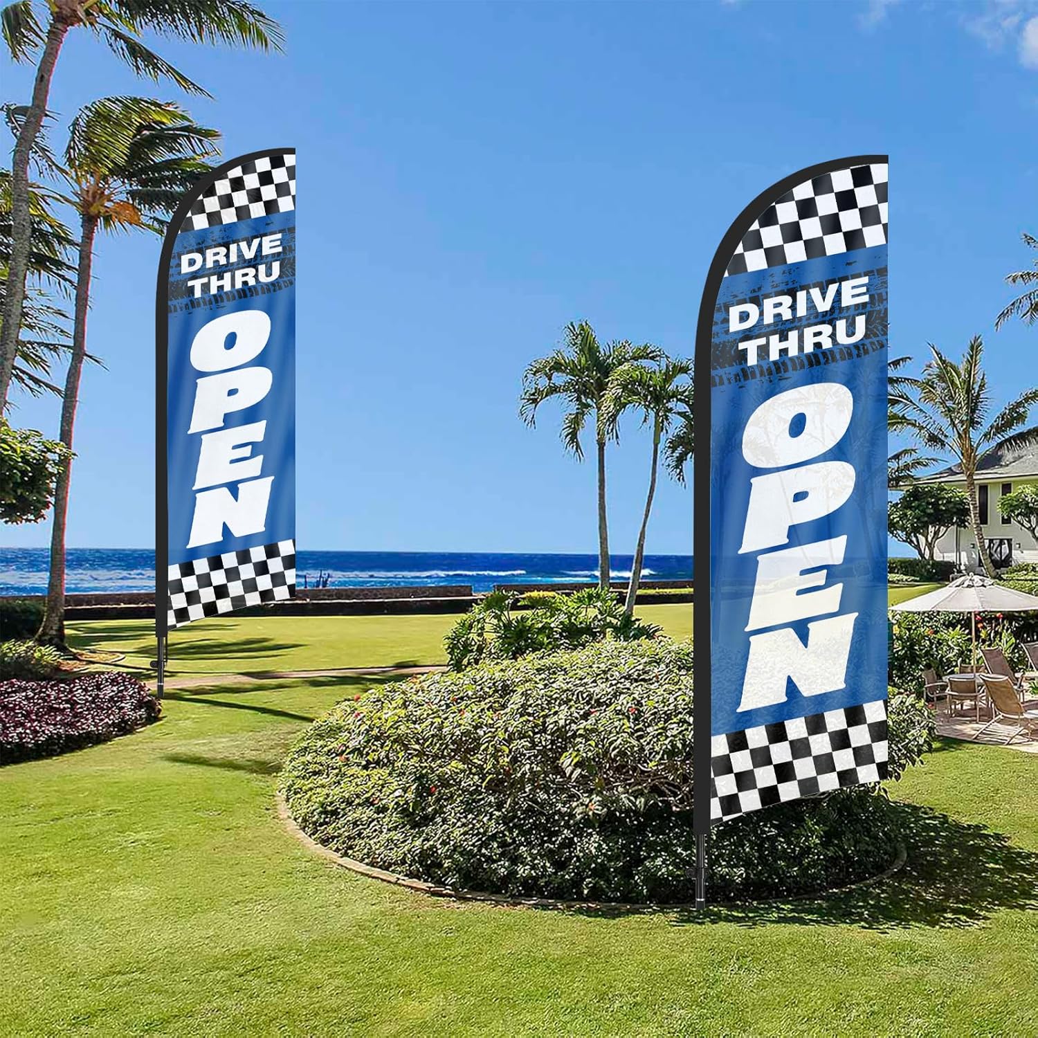Drive Thru Open Restaurant Feather Flag Banner, 8.2ft x 1.8ft Multi-colored Swooper Flag with Pole, Ground Stake and Carry Bag for Commercial Use
