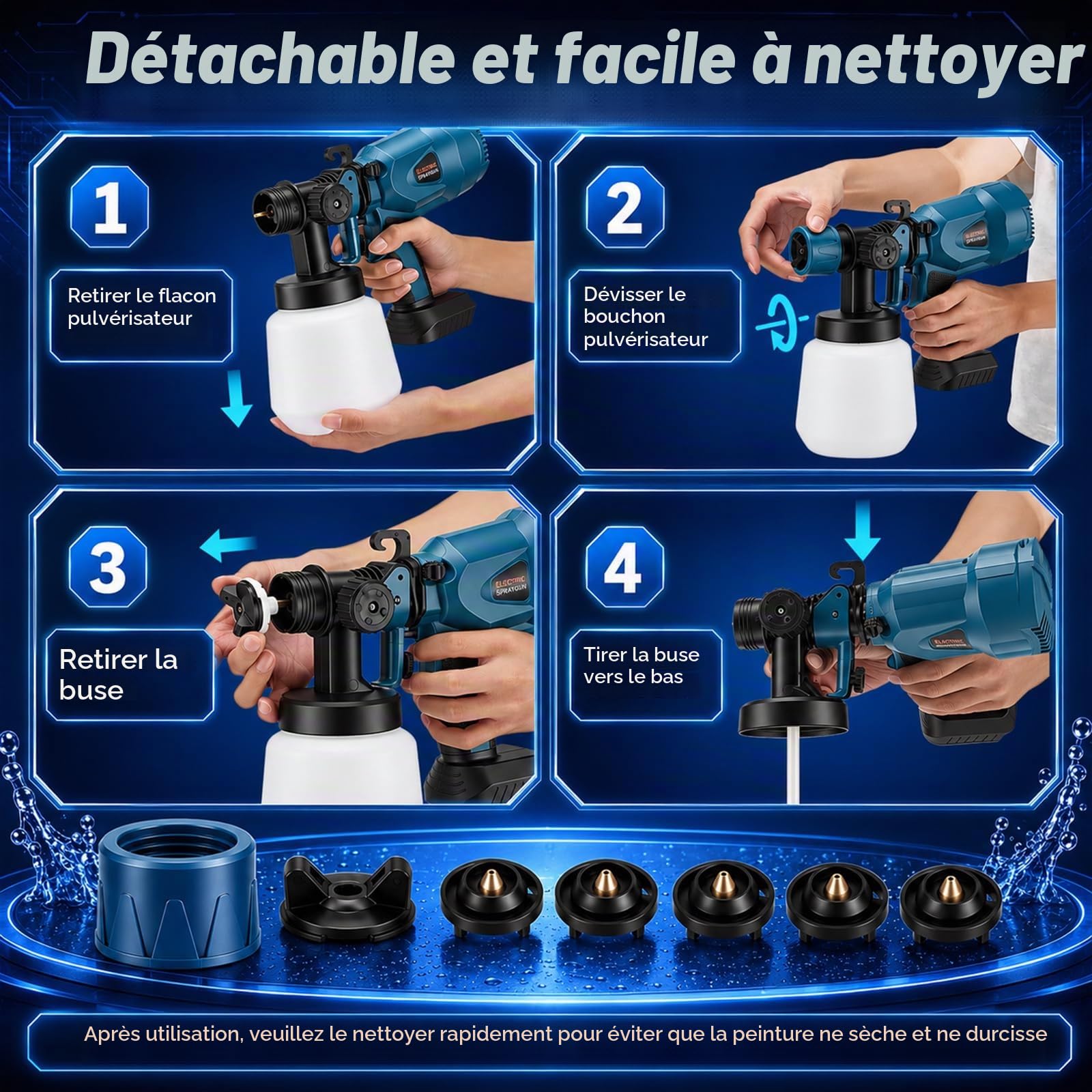 Pistolet a Peinture sans Fil,1200ML Pistolet à Peinture avec 3 Motifs et 5 Buses de Pulvérisation, pour La Peinture de Clôtures, Murs, Plafonds et Maison (Batterie Non Incluse)