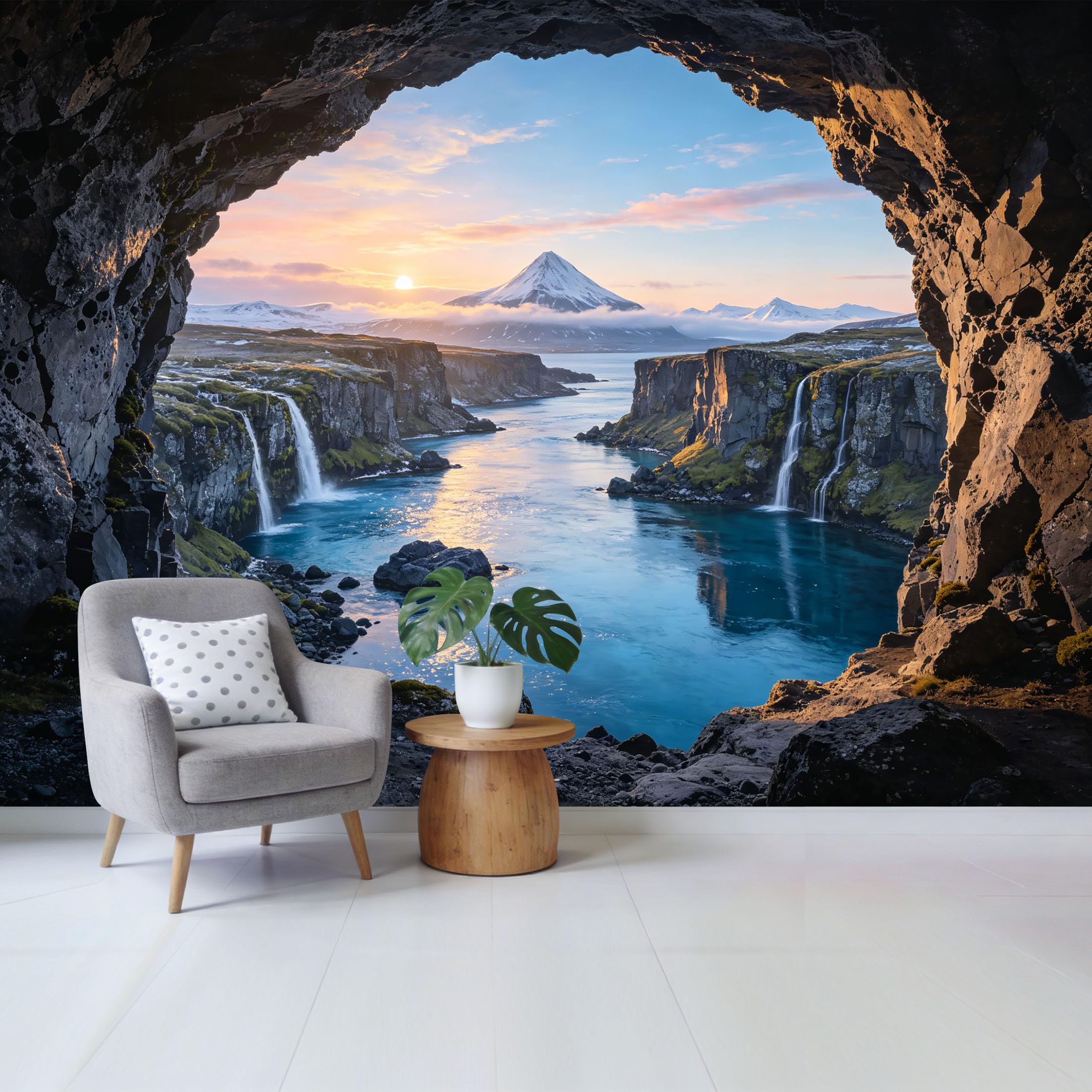 Custom Size Wall Mural Mountain Lake Sunset Landscape with Waterfalls and Snow Peaks Scenic View Removable Self Adhesive Fabric Home Wall Decor for Living Room Bedroom Bathroom