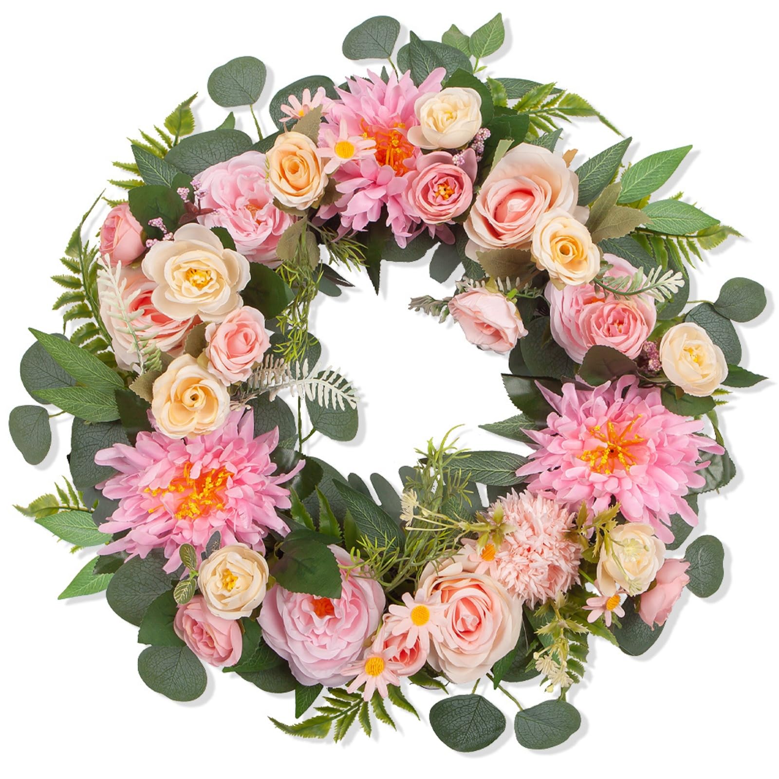45cm Artificial Spring Wreath with Flowers, Faux Rose & Daisy Floral Door Garland for Front Porch Wall Window Farmhouse Home Decor (45cm,Pink)