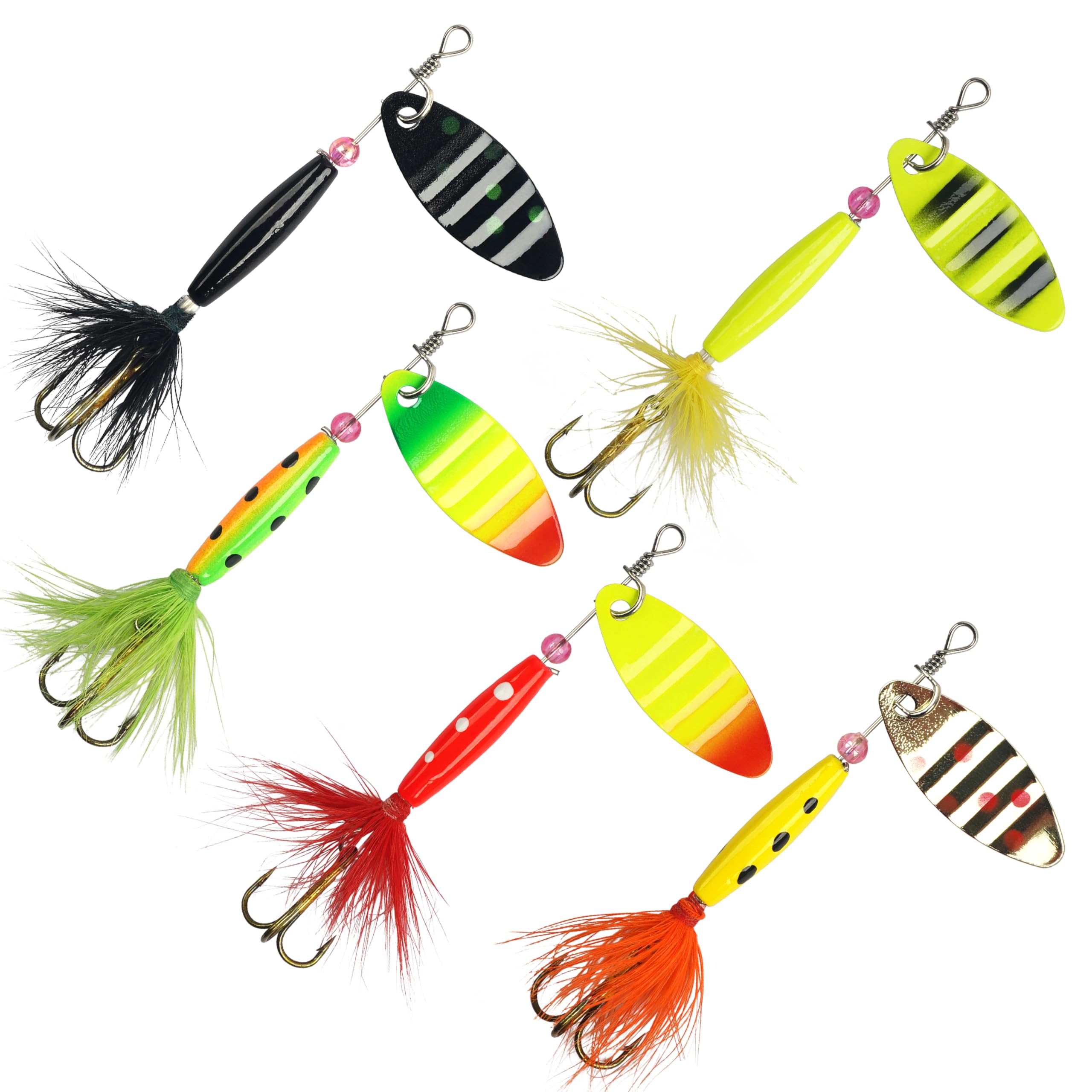 Inline Spinner Baits Kit, Fishing Metal Spinner Lures with Feathered Treble Hook for Bass Trout Walleye with Tackle Box