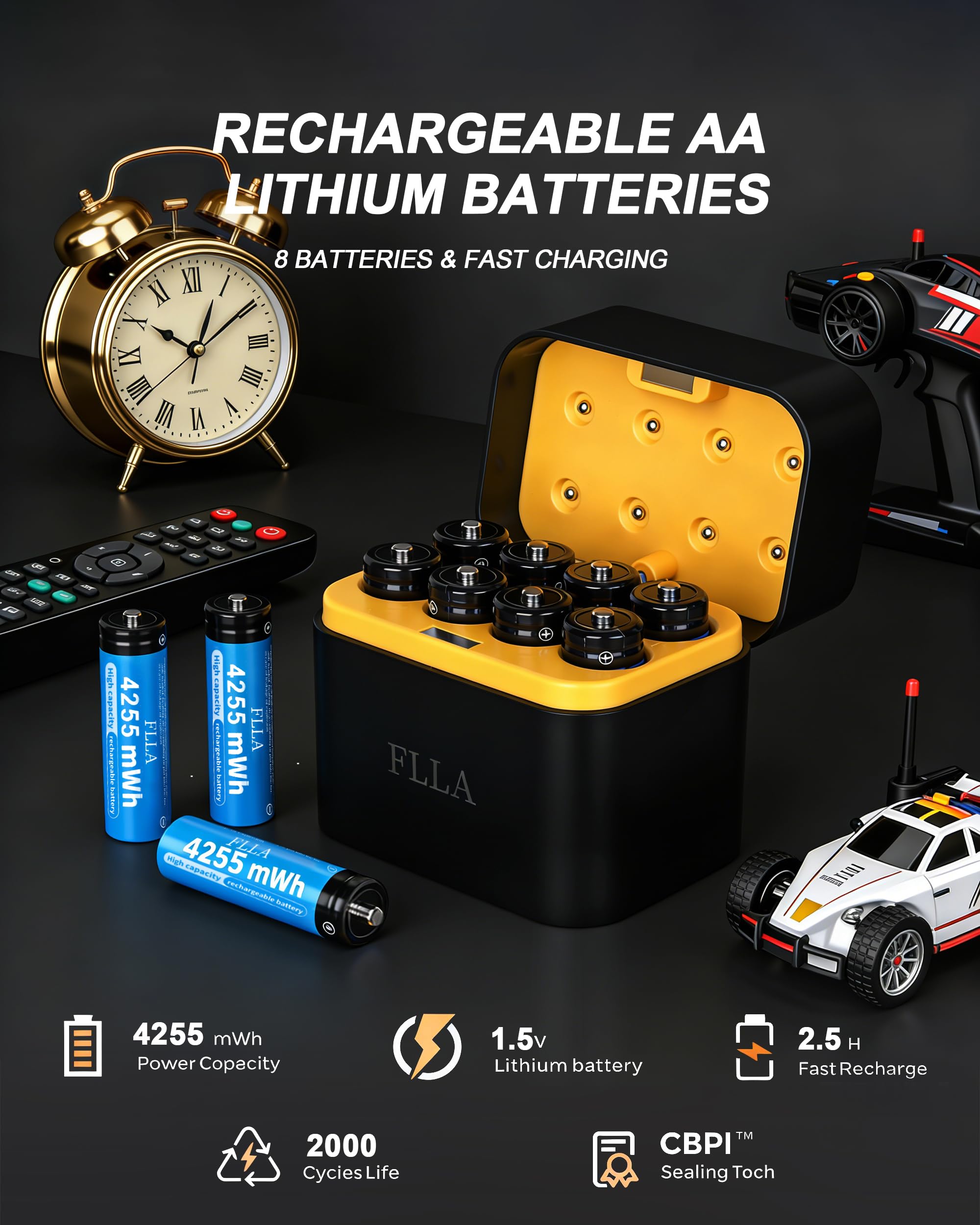 FLLA Baterías de litio AA recargables de 8 ranuras de 4255 mWh 1.5 V con cargador rápido USB-C y caja de almacenamiento, salida constante, más de 2000 ciclos para cámaras de timbre, controladores de