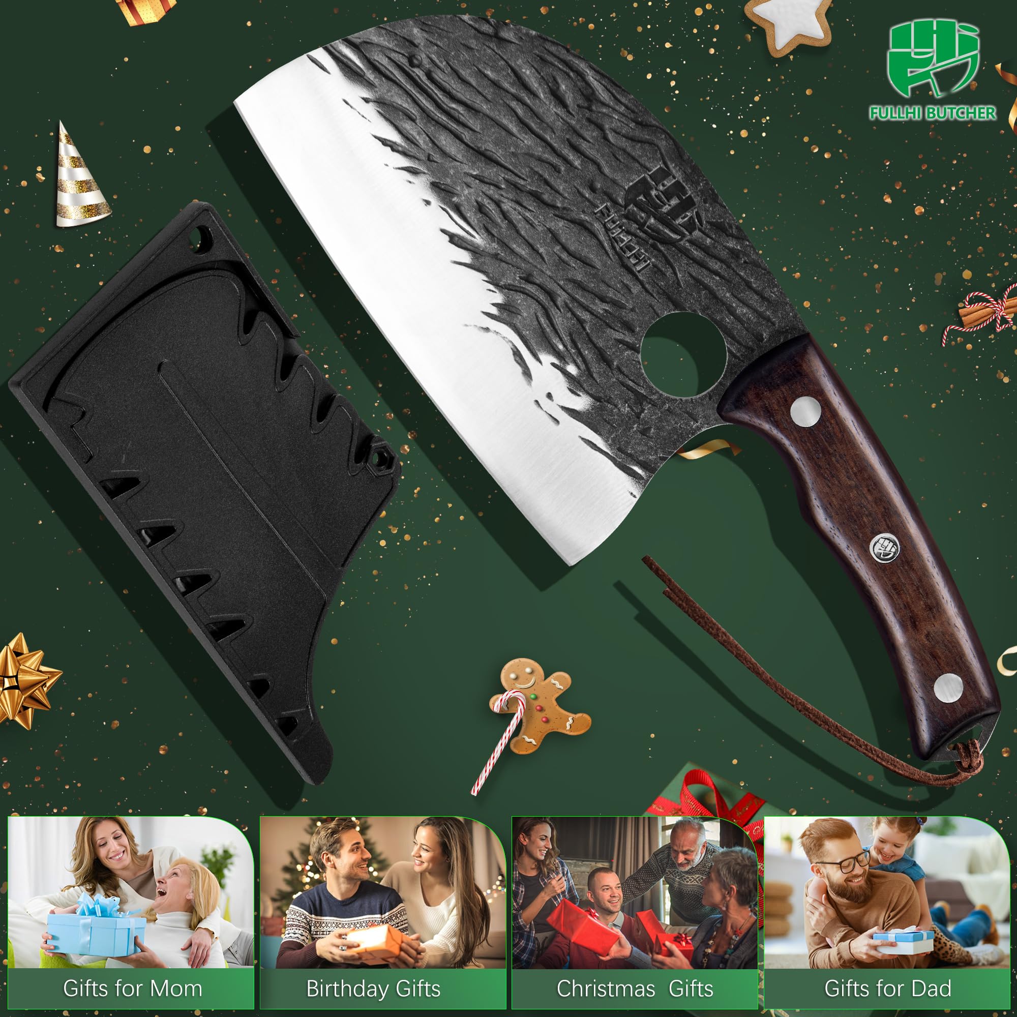 FULLHI 2pcs Coltello da macellaio con fodero, coltello da cuoco serbo Tang, coltello da verdure con mannaia in acciaio al carbonio per esterno, campeggio (Marrone, Coltello da cuoco serbo)