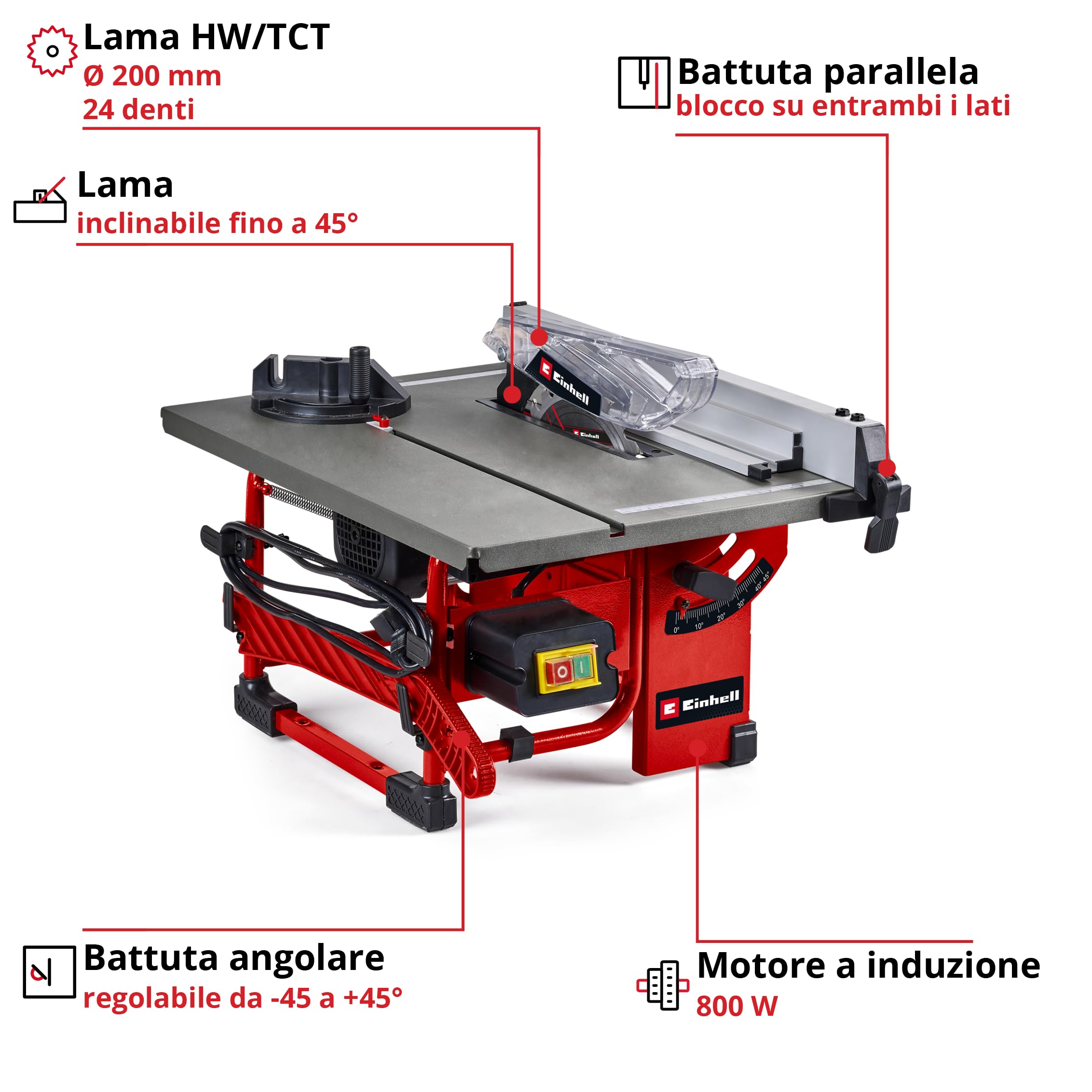 Sega circolare da banco Einhell TC-TS 8 I (800 Watt, altezza di taglio 45 mm, lama Ø 200 mm, guida angolare, battuta parallela, attacco di aspirazione, incl. lama HW/TCT)