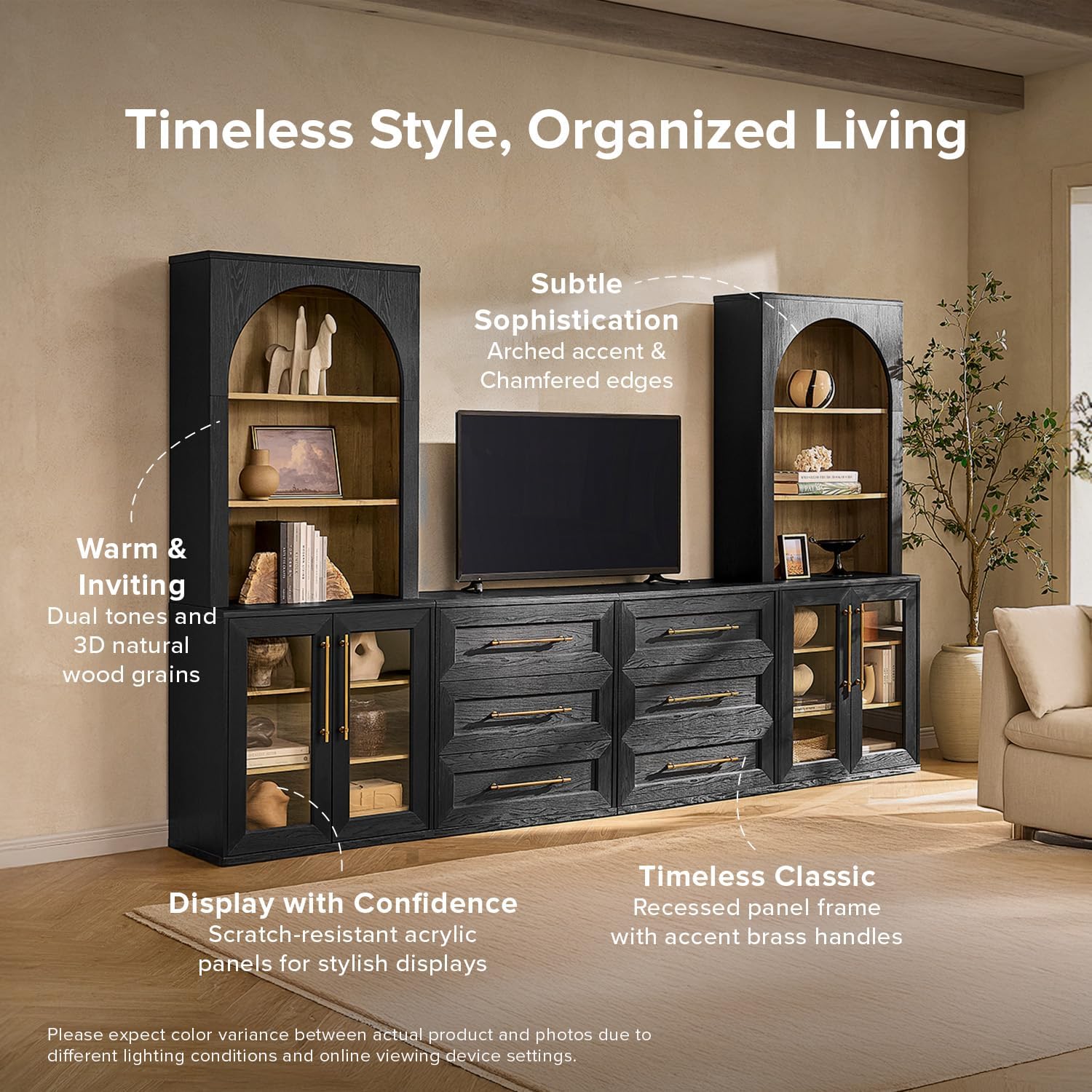 mopio Blake 4 Piece Entertainment Center with Storage, Modern Farmhouse Modular Storage Cabinet Dresser TV Stand for up to 65" TVs, Side Display Case (Black Oak, 4 Units + Hutch)