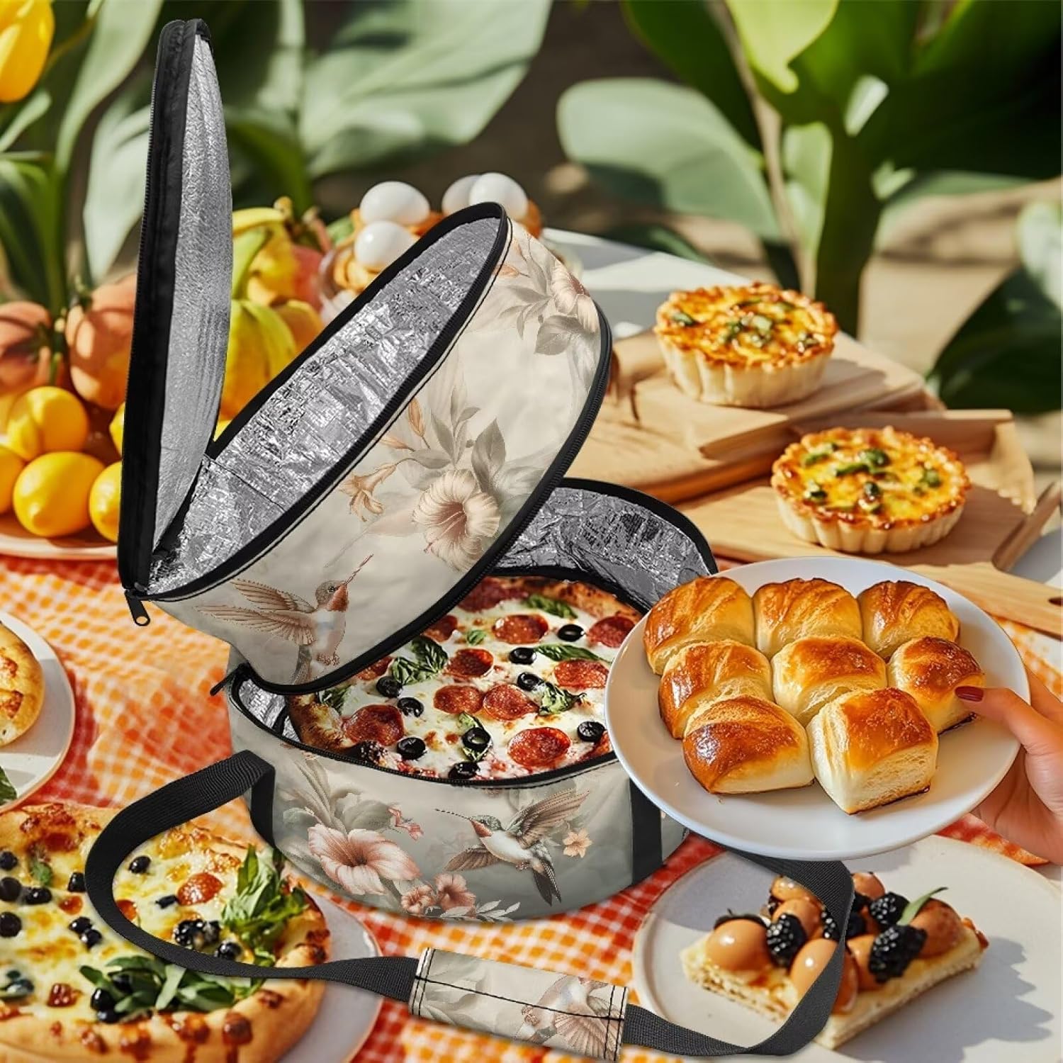Hummingbird Casserole Carrier,Insulated Pie Carrier with Lid and Handle Morning Glory Reusable Lunch Bags Pie Carrier for Transport Pie Holders for Multiple Pies