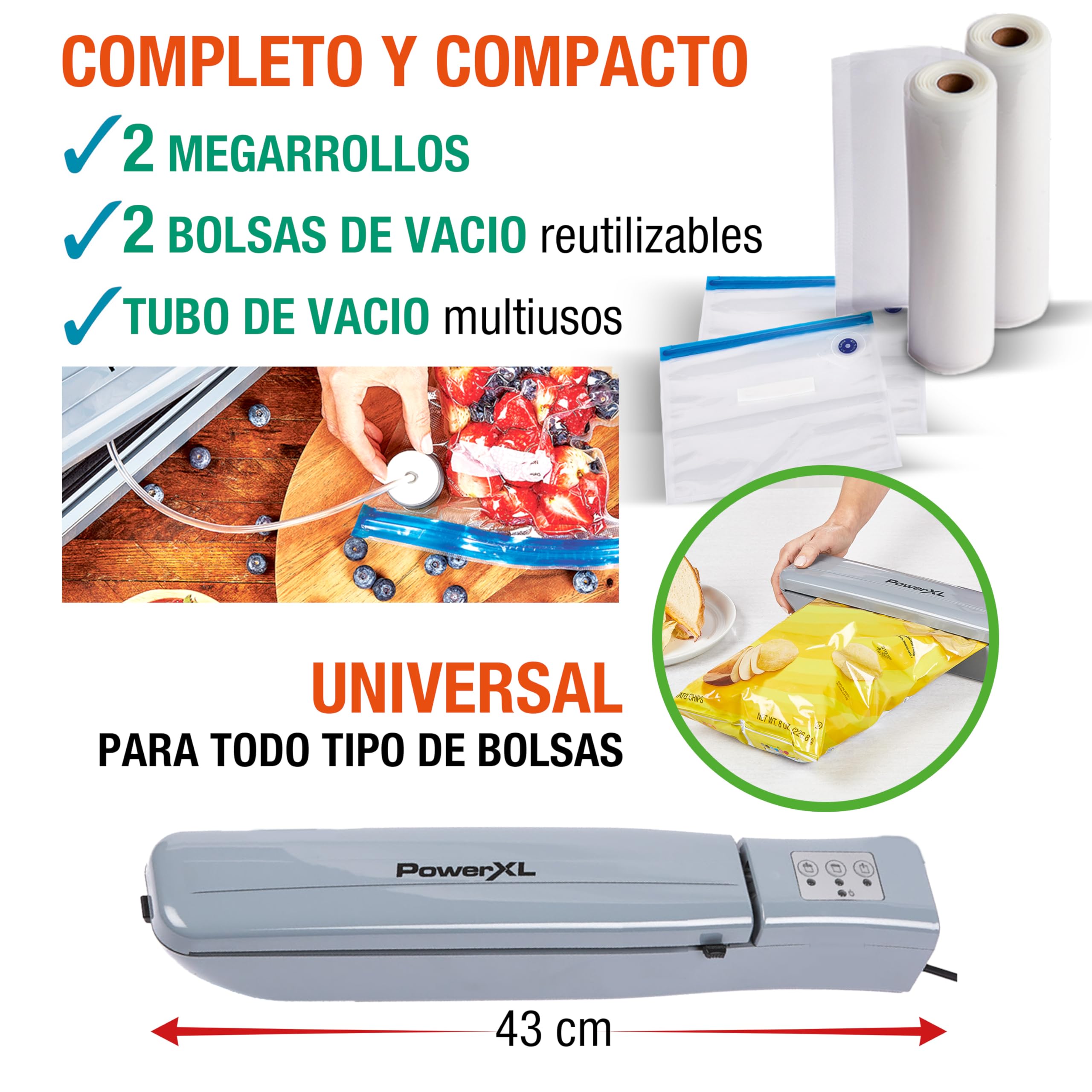 Envasadora Alimentos Vacío SellaVac PRO Automática Doble Sellado Térmico. Líquidos/Sólidos. Fácil uso. Compacta. 2 Rollos Bolsas Vacío+2 Bolsas con Válvula Reutilizables+Tubo de vacío Multiusos. 130W