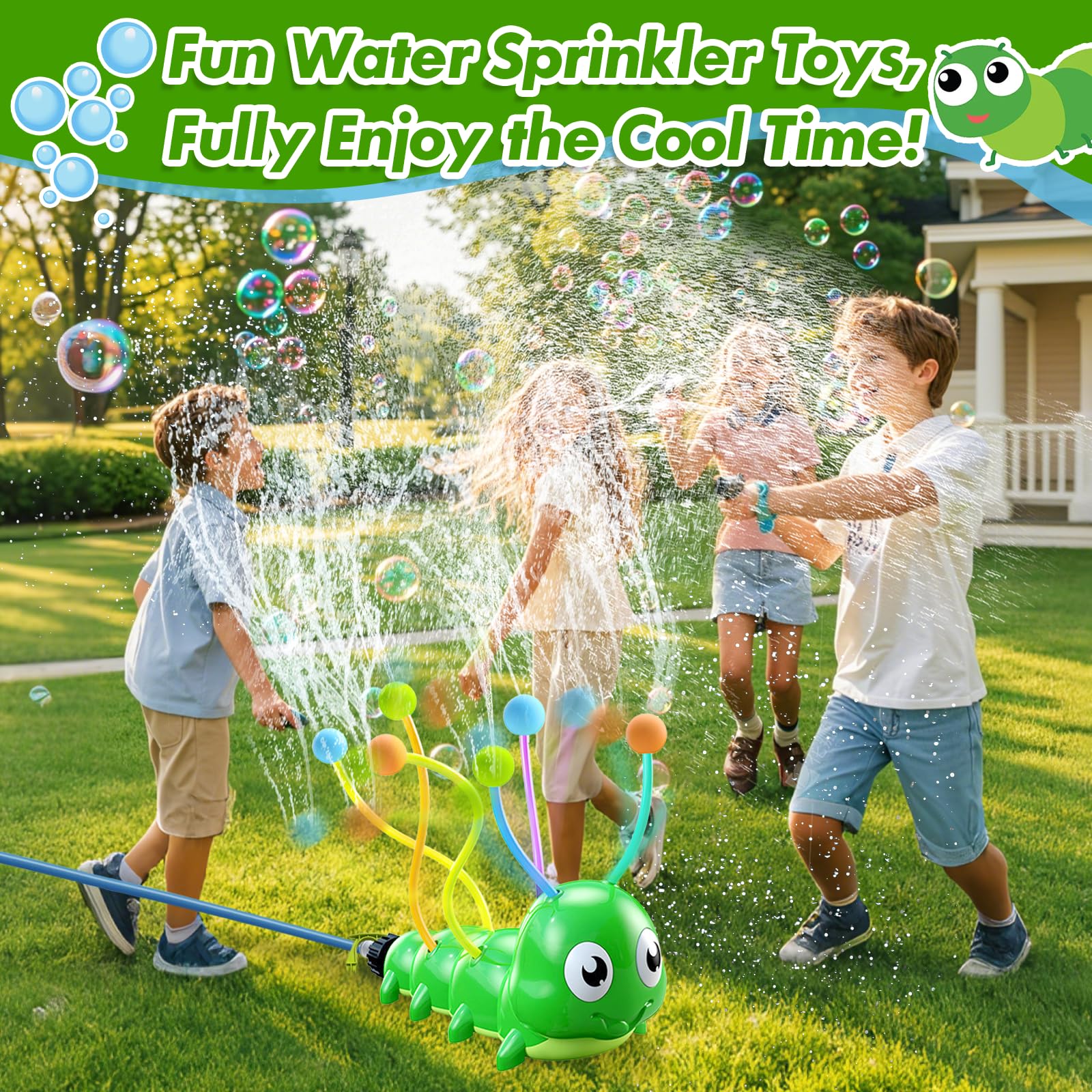 Wasserspielzeug für Kinder Wassersprinkler Raupen-Wassersprinkler mit 6 Schwimmkörpern und Schwammbällen, Sommerspielzeug für draußen 3–12Jahre Garten Hinterhof Rasen Wasserspaß garantiert