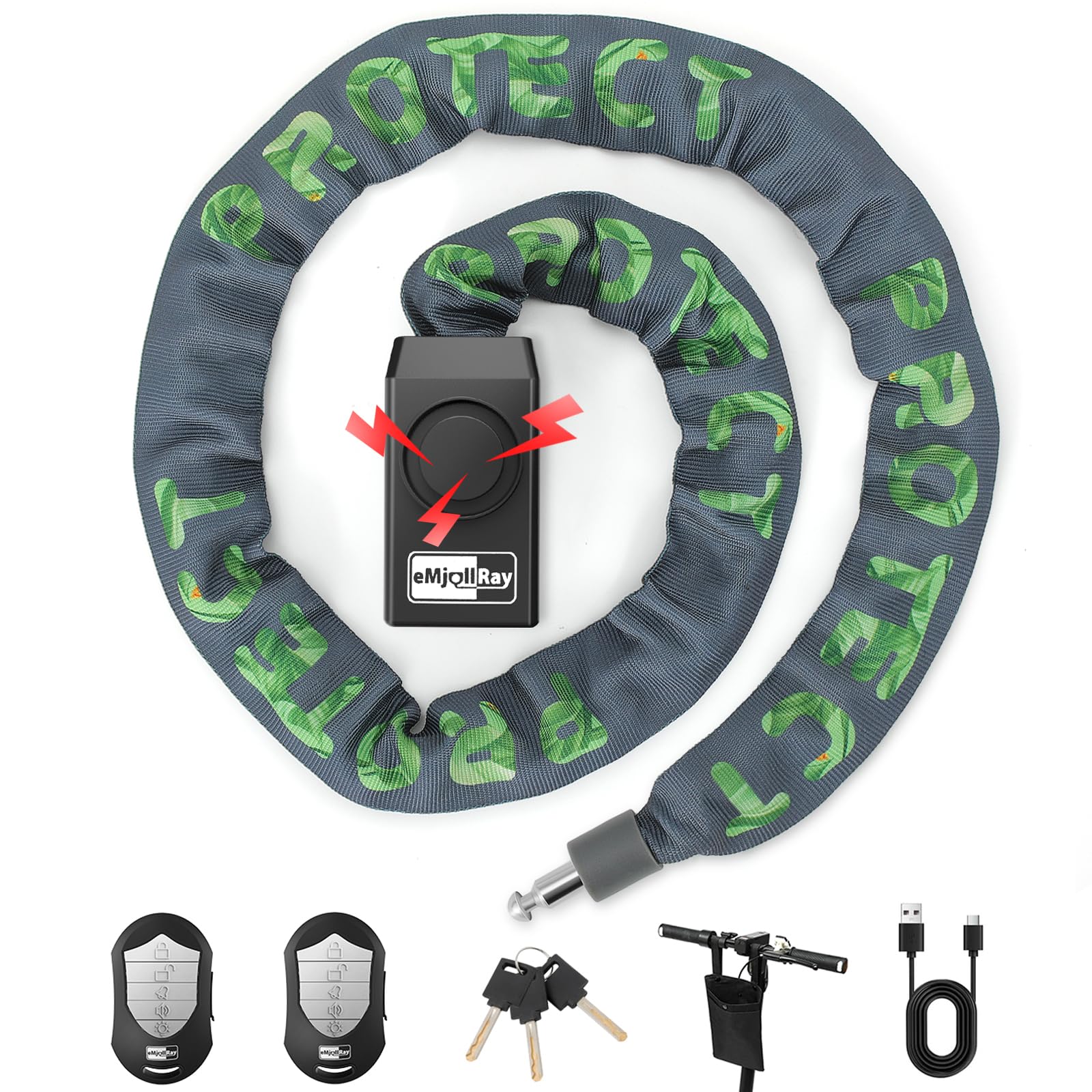 Candado de Bicicleta de 120cm con Alarma de 110dB, Candado de Cadena Antirrobo para Bicicleta Eléctrica, 8mm de Grosor, 2 Mandos a Distancia, 3 Llaves, Cable USB C