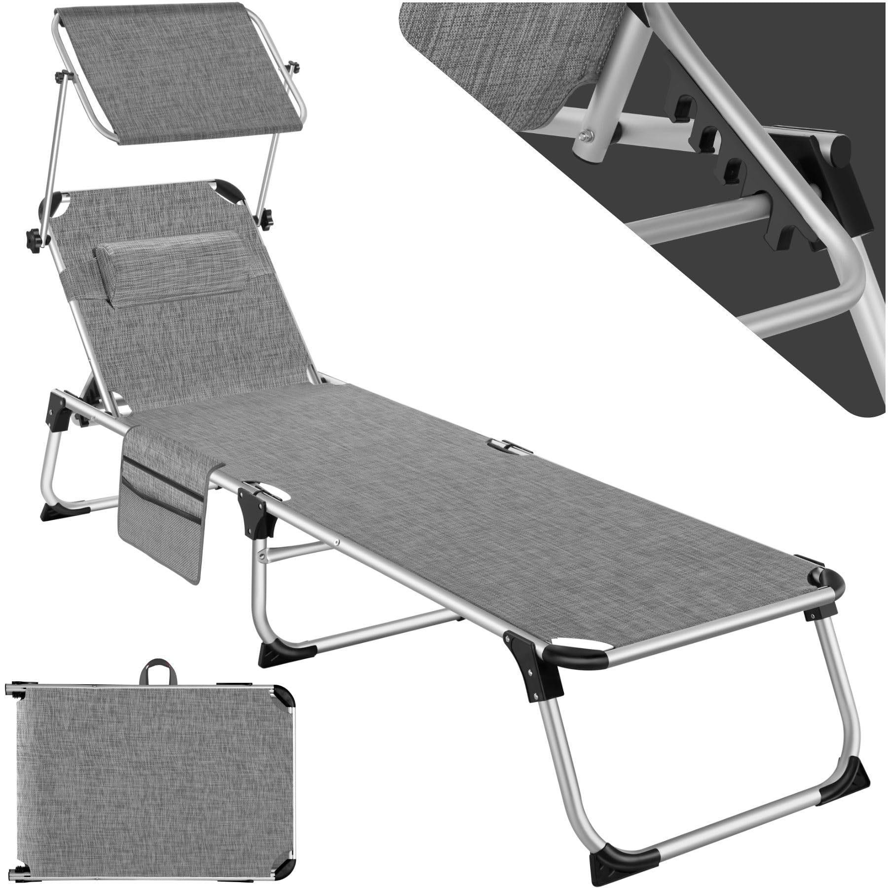 tectake® Tumbona Jardín Exterior de Aluminio, Tumbona Plegable con Reposacabezas, Parasol y Bolsillo Lateral, Tumbona Playa Reclinable 6 Posiciones, Tumbona Piscina Resistente a Intemperie - gris jasp