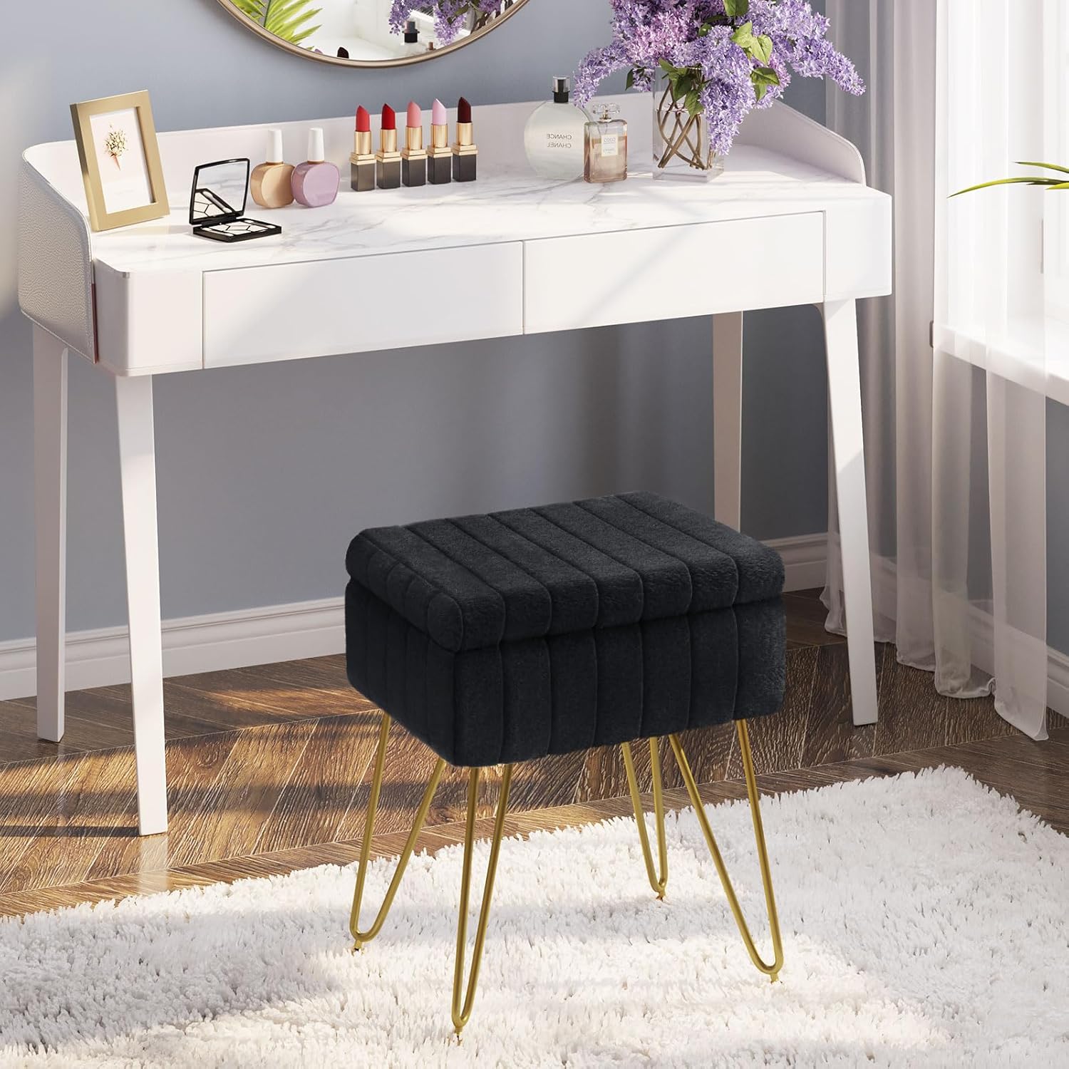 greenstell vanity stool chair faux fur with storage, 15.7"l x 11.8"w x 19.4"h soft ottoman 4 metal legs with anti-slip feet, furry padded seat, modern multifunctional chairs for makeup, bedroom black