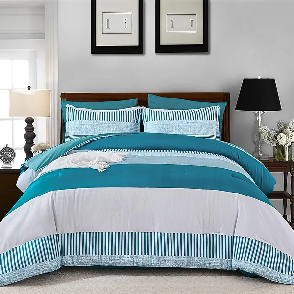 Queen Comforter Set 7 Pieces,Teal Striped Design Comforter Set for Kids,Classic Bedding Sets for College,Simple Neutral-Style Comfortable Comforter Set