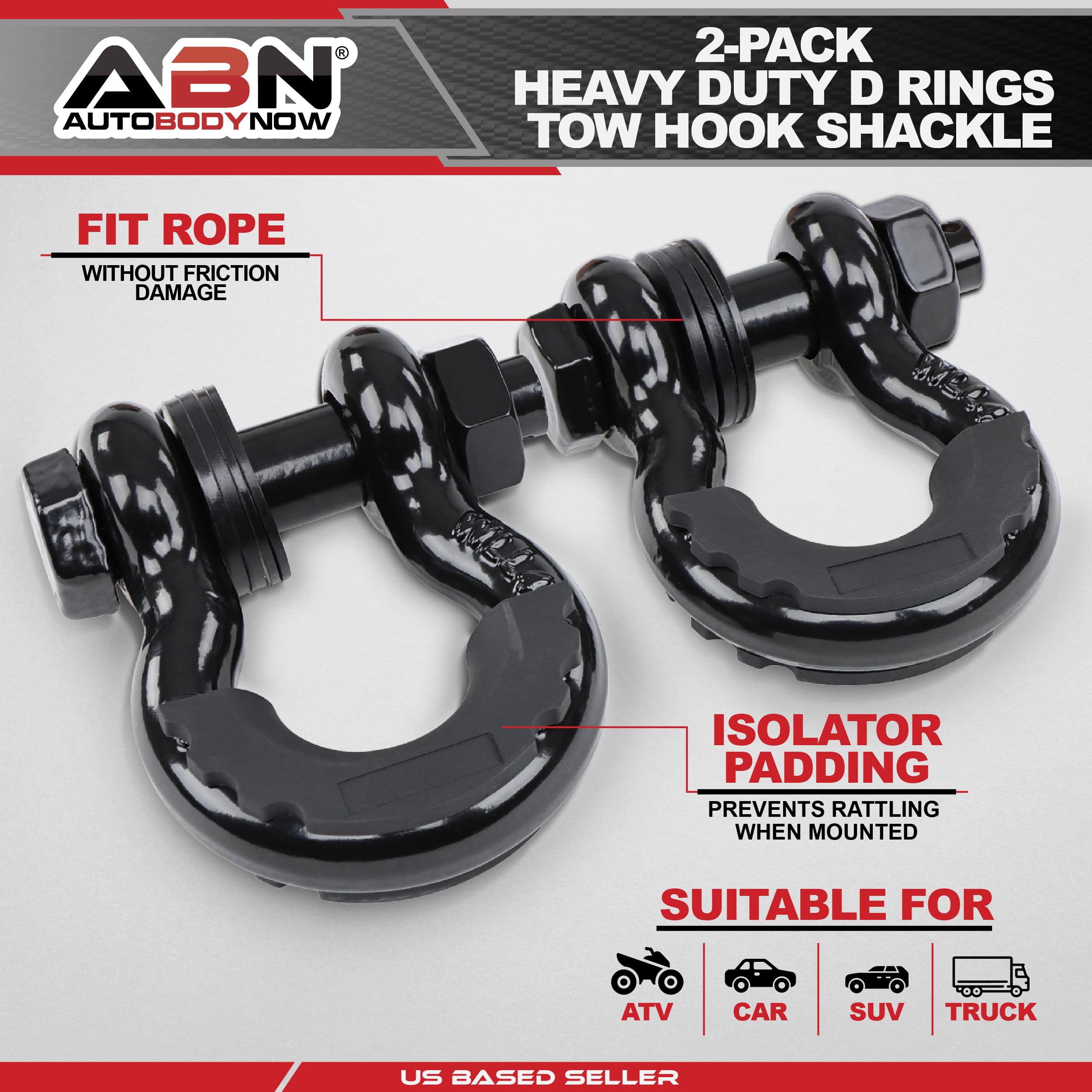 2-Pack 3/4 Inch Black D-Ring Shackles - 4.75 Ton Capacity Tow Shackles