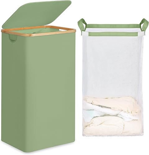 Miniatura 11 de efluky Cesta de lavandería con tapa y bolsa extraíble, cesta de lavandería de 100 litros de alto con asas de bambú, papelera estética para ropa Azul