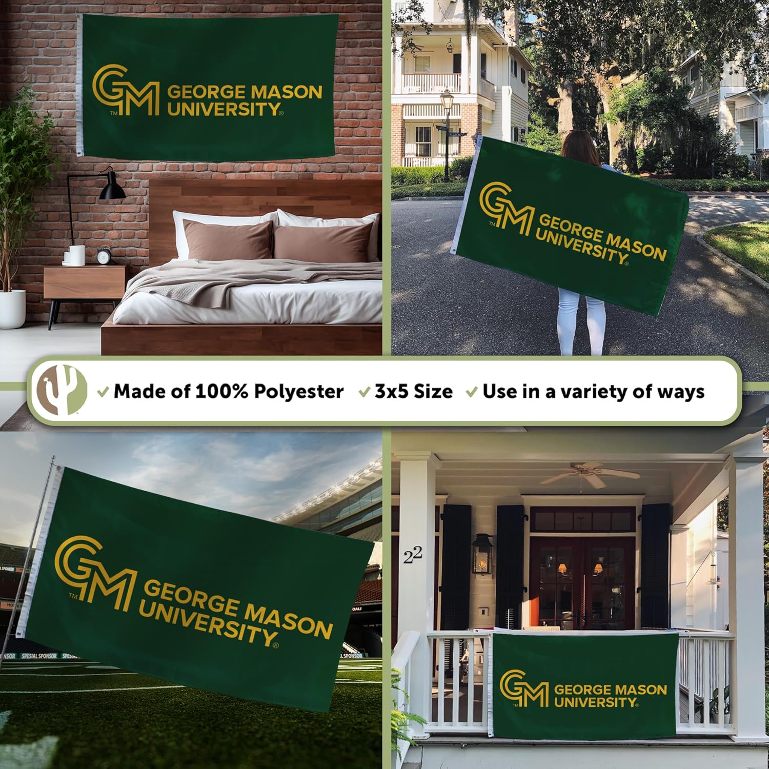 Desert Cactus George Mason University GMU Flag - 3 x 5 Feet Patriots Banner, Indoor/Outdoor Durable Fabric, 100% Polyester Design (Green) - Image 3