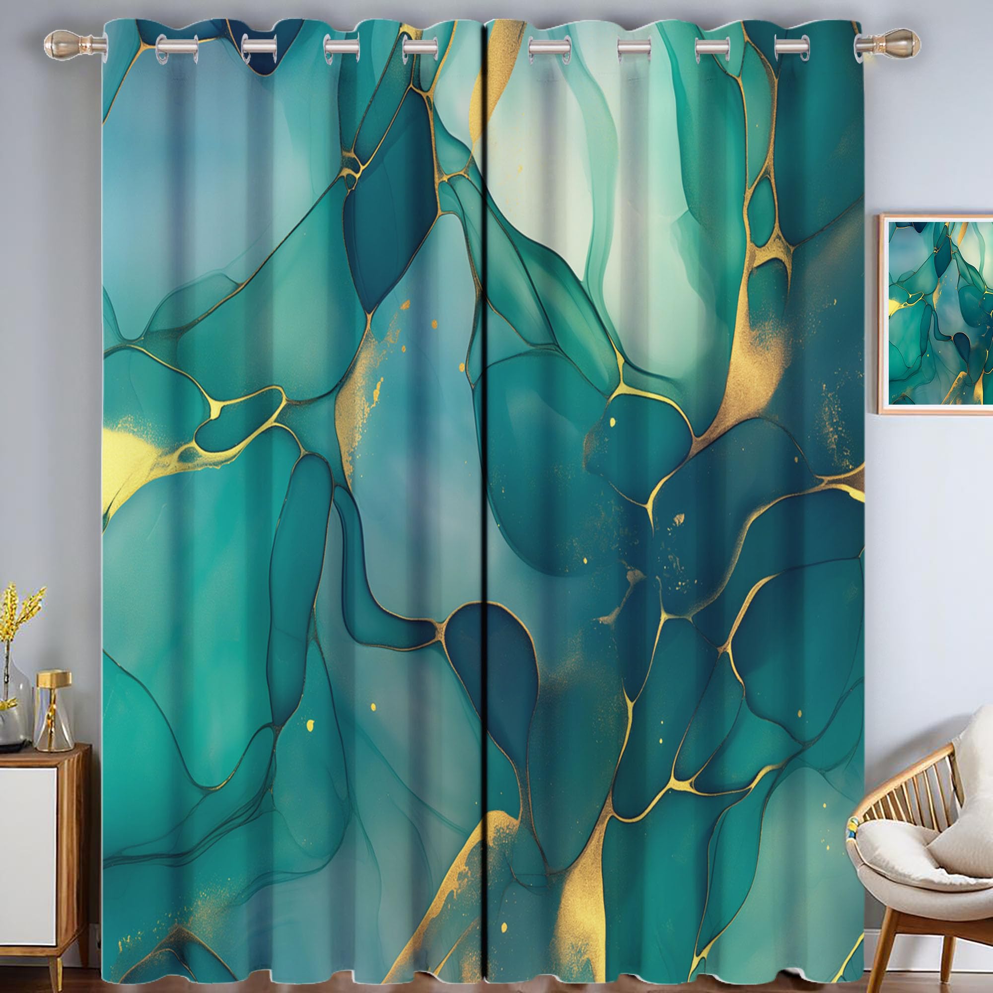 Rideaux thermiques vert encre au motif abstrait pour sublimer votre salon moderne