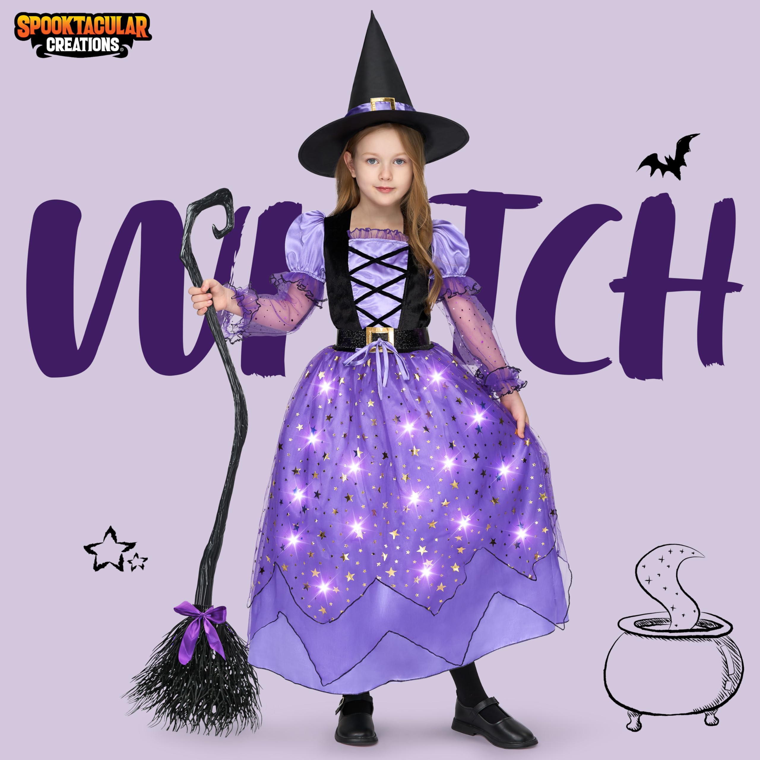Spooktacular Creations Kostium czarownicy dla dziewczynki, świecący kostium czarownicy dla dzieci, gwiaździsta sukienka czarownicy z kapeluszem na pasek na miotły, dla dziewcząt, Halloween, impreza