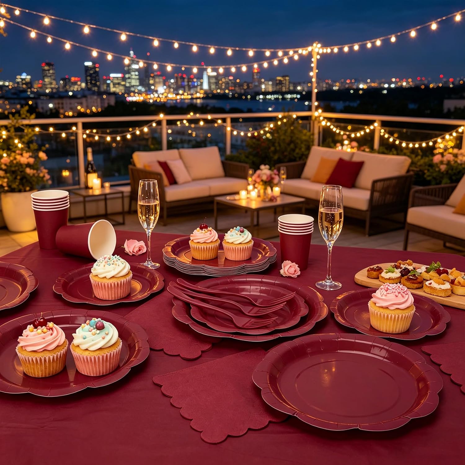Burgundy Plates and Napkins for 24 Guests, 9’’ Disposable Scalloped Paper Plates and 7’’ Maroon Dessert Cake Plates Tableware Set Party Supplies for Birthday Party Decorations, Mothers Day, Wedding