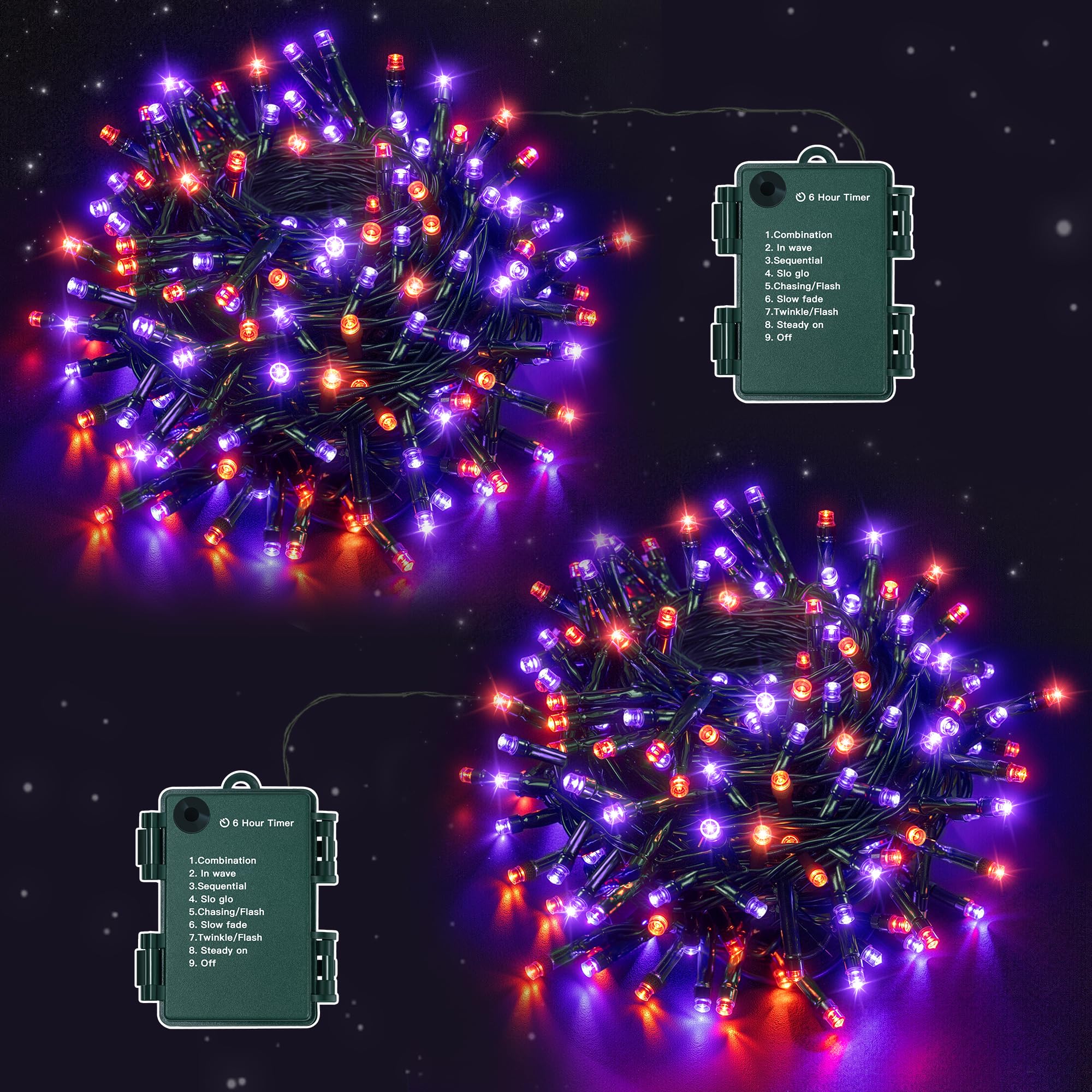 Ollny Halloween Lights Outdoor Decorations, Total 20M 200LEDs Fairy Lights Battery Operated, Orange and Purple Battery Powered String Lights Waterproof with Timer/8 Modes, 2 Pack 10m
